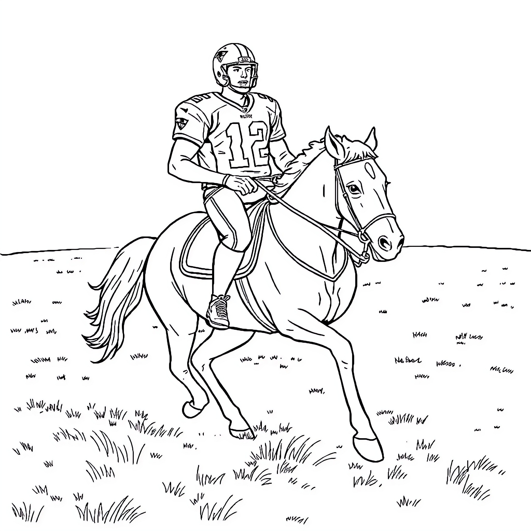 Tom Brady riding a horse on the field Coloring Page (free black-and-white line drawing printable PDF for all, from beginners to advanced learners, including children, teens, adults, and seniors)
