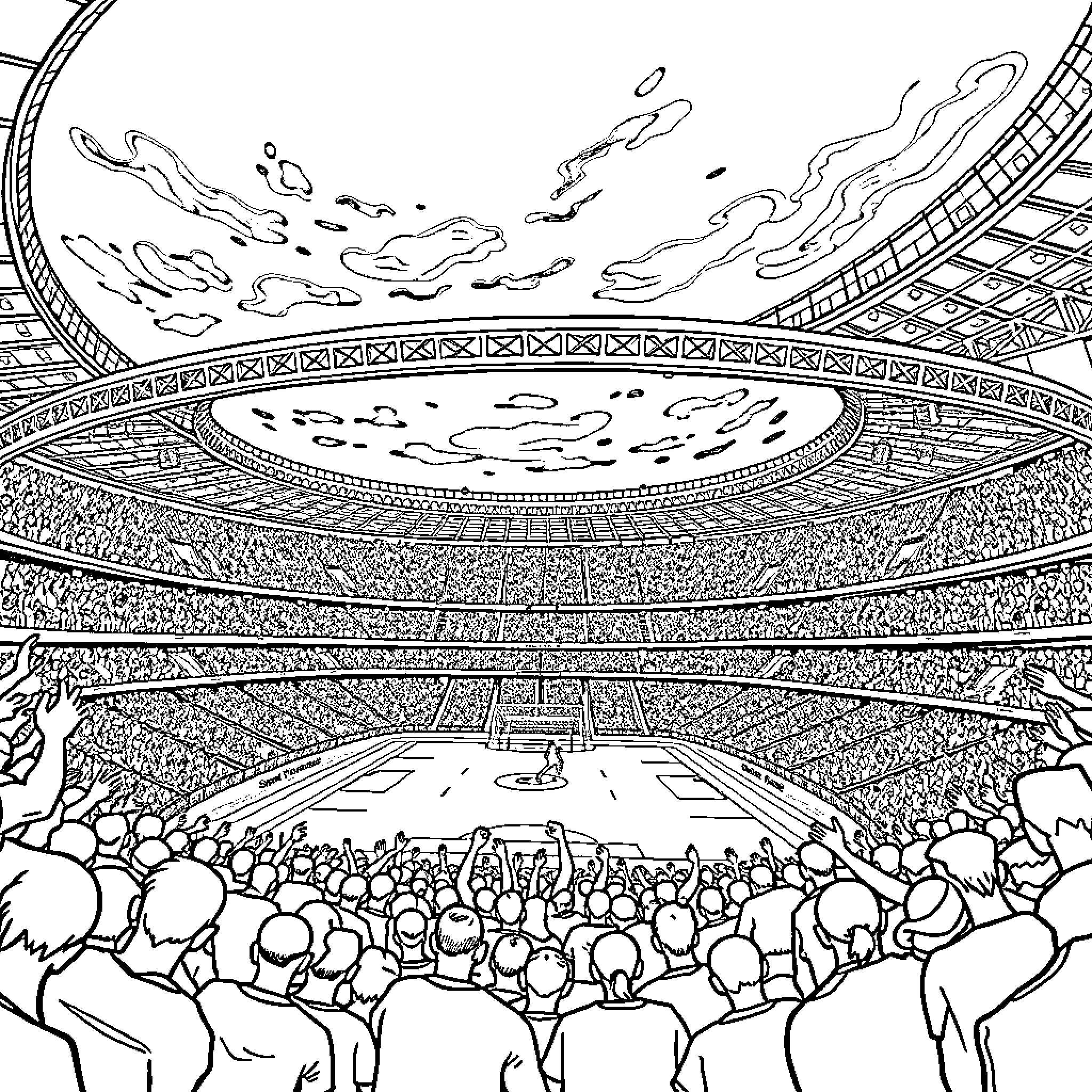 Stadium filled with enthusiastic spectators Coloring Page (free black-and-white line drawing printable PDF for all, from beginners to advanced learners, including children, teens, adults, and seniors)