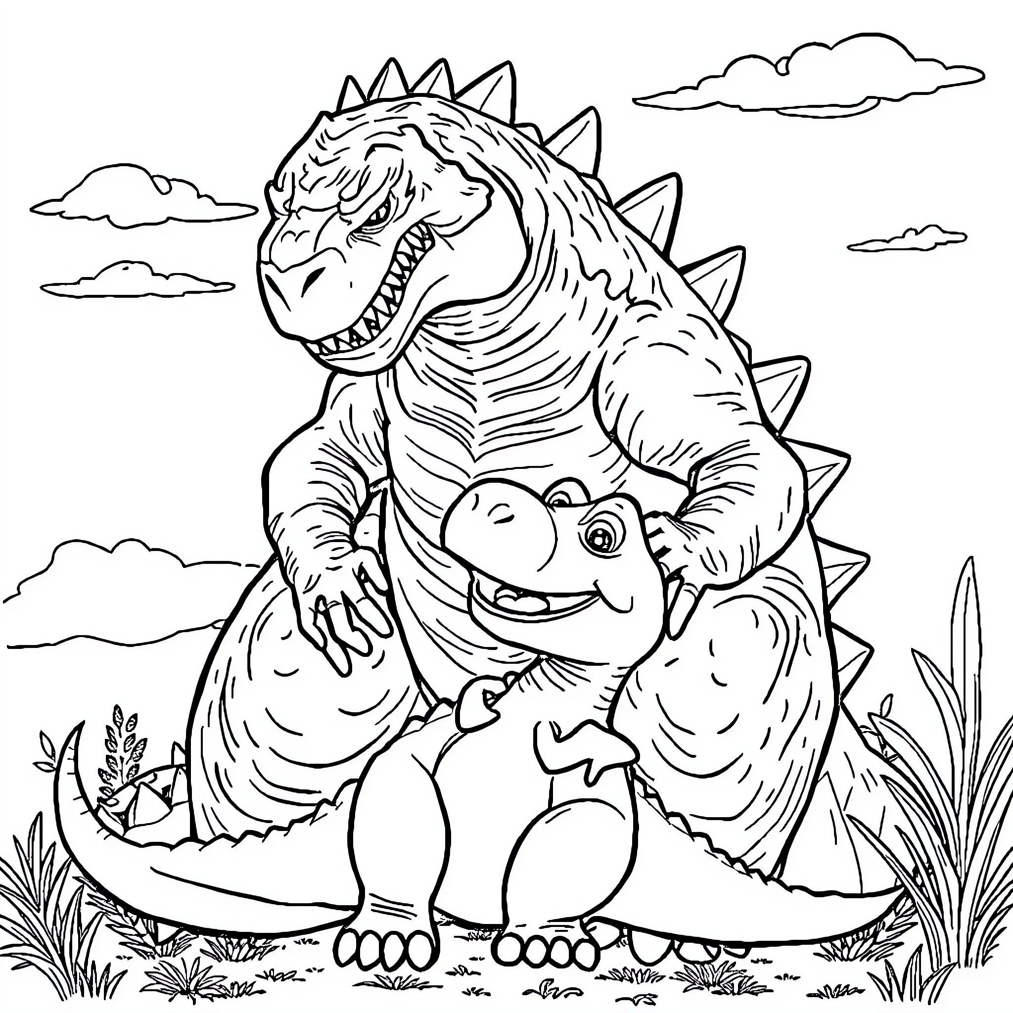 Godzilla character with friendly creature in nature Coloring Page (free black-and-white line drawing printable PDF for all, from beginners to advanced learners, including children, teens, adults, and seniors)