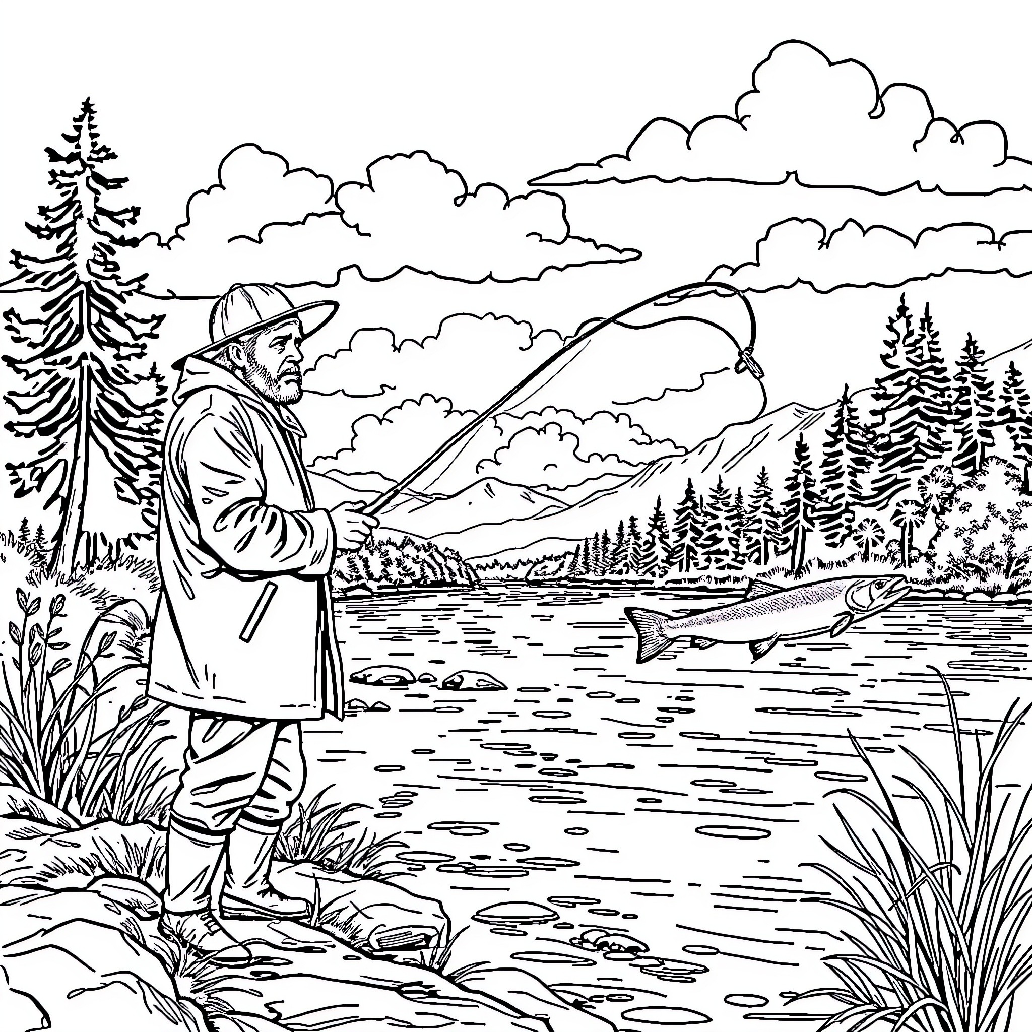 Samuel Jackson fishing peacefully in scenic mountain lake Coloring Page (free black-and-white line drawing printable PDF for all, from beginners to advanced learners, including children, teens, adults, and seniors)