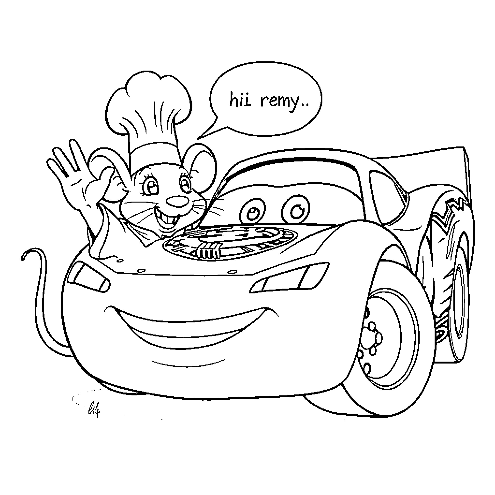 Lightning McQueen waving and greeting Remy the chef Coloring Page (free black-and-white line drawing printable PDF for all, from beginners to advanced learners, including children, teens, adults, and seniors)