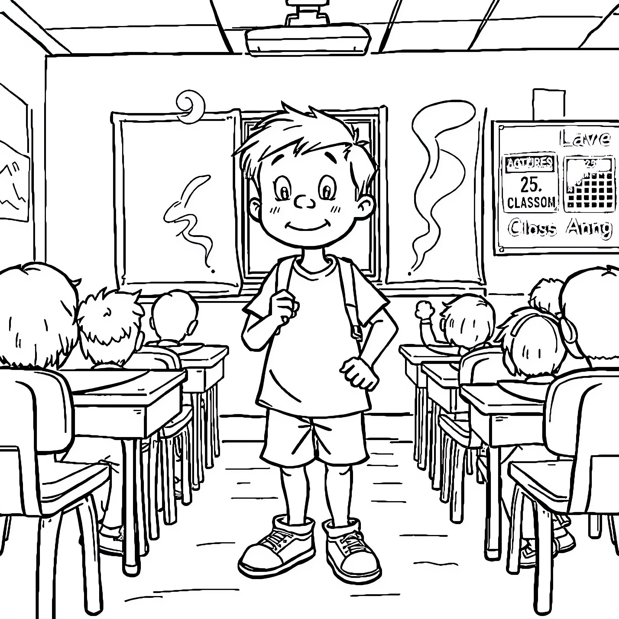 Boy standing in classroom with students Coloring Page (free black-and-white line drawing printable PDF for all, from beginners to advanced learners, including children, teens, adults, and seniors)