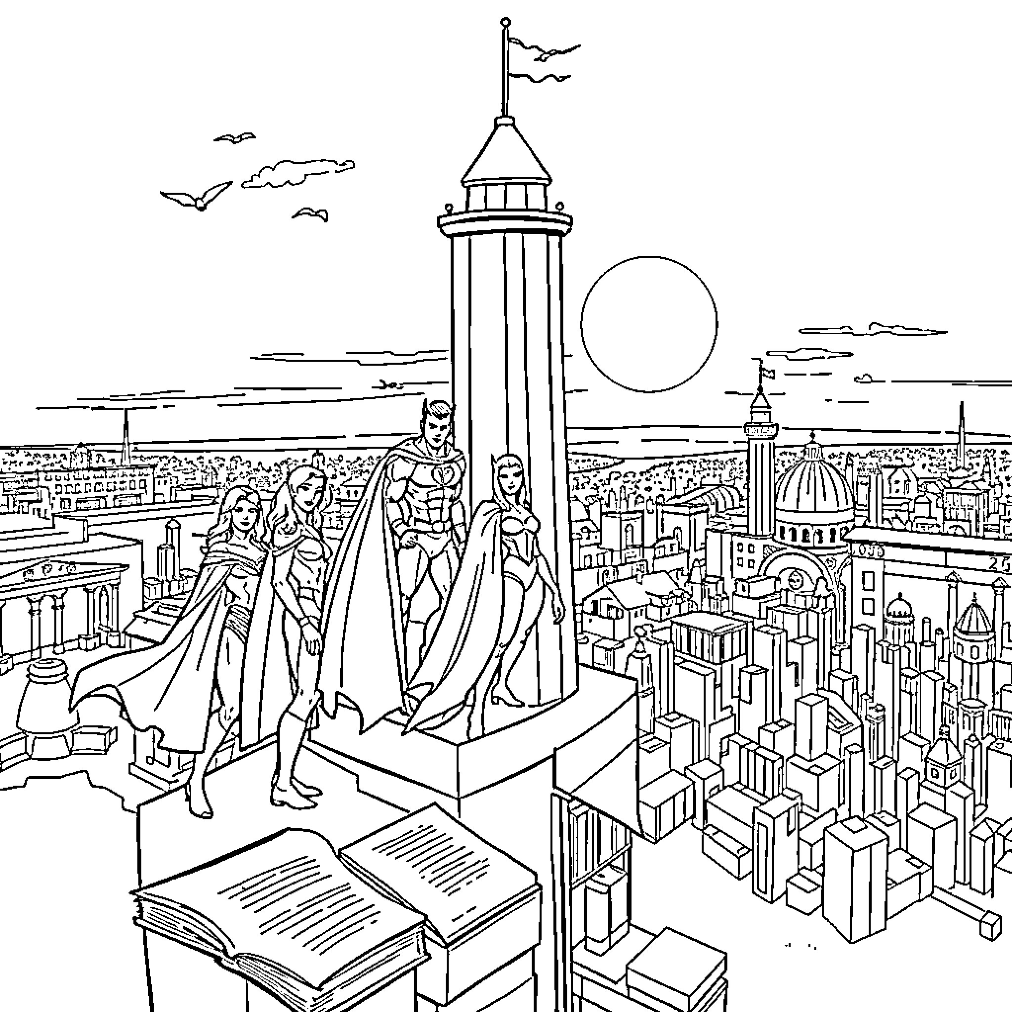 Superhero Team overlooking the city Coloring Page (free black-and-white line drawing printable PDF for all, from beginners to advanced learners, including children, teens, adults, and seniors)