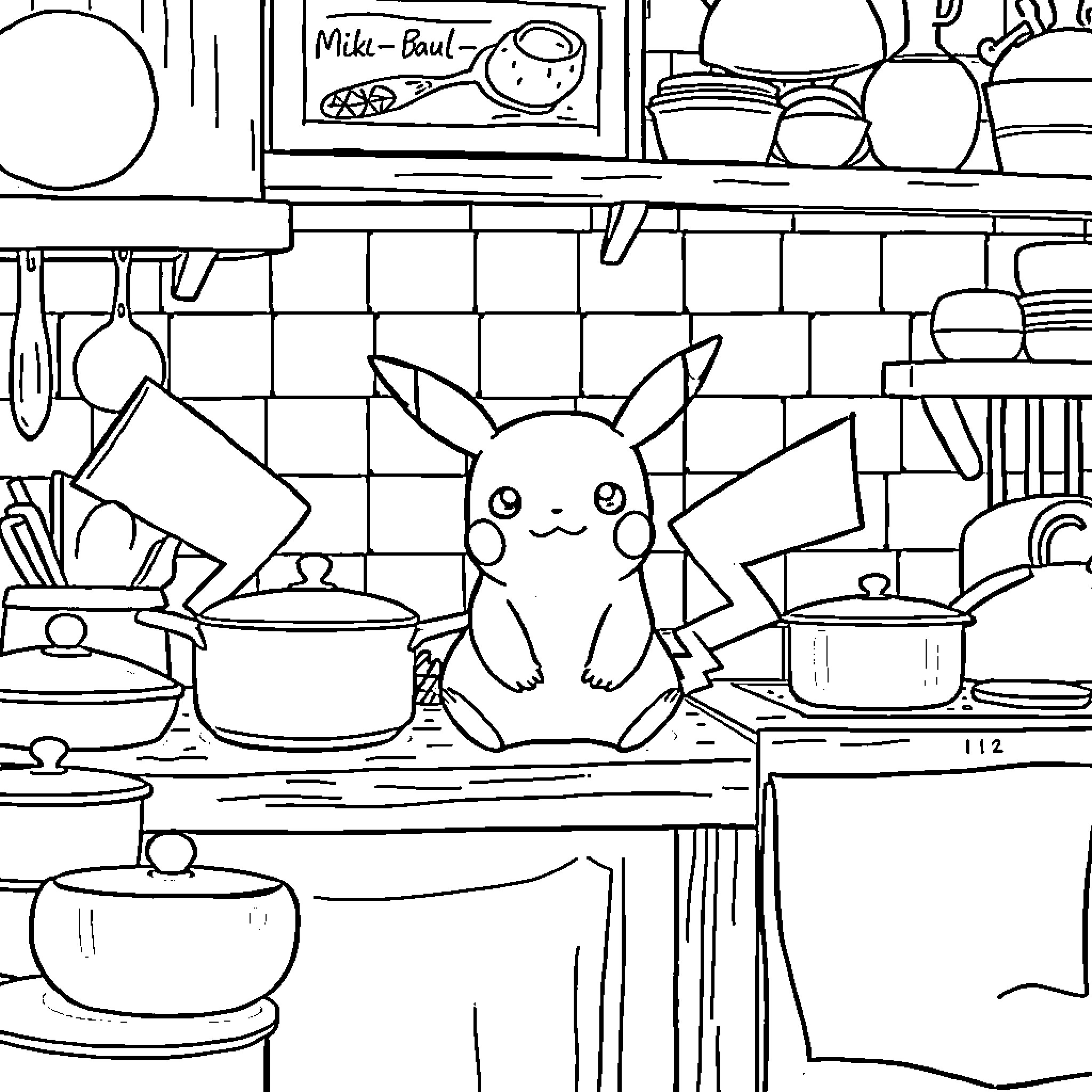 Pikachu cooking in a cozy kitchen Coloring Page (free black-and-white line drawing printable PDF for all, from beginners to advanced learners, including children, teens, adults, and seniors)