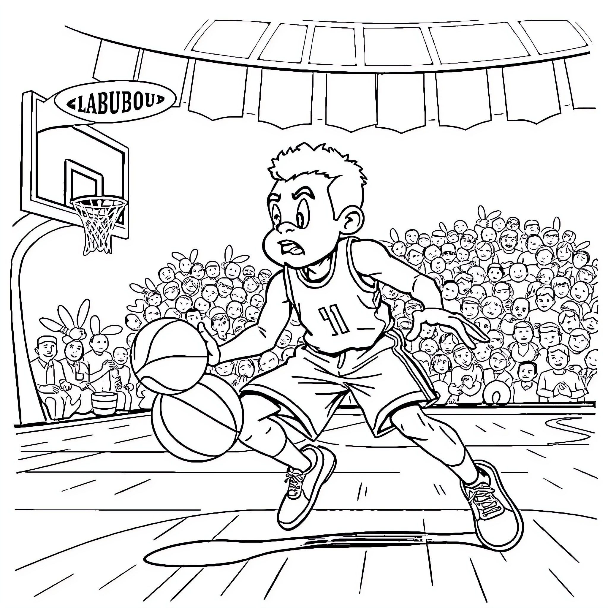 Labubu playing basketball in a packed stadium Coloring Page (free black-and-white line drawing printable PDF for all, from beginners to advanced learners, including children, teens, adults, and seniors)