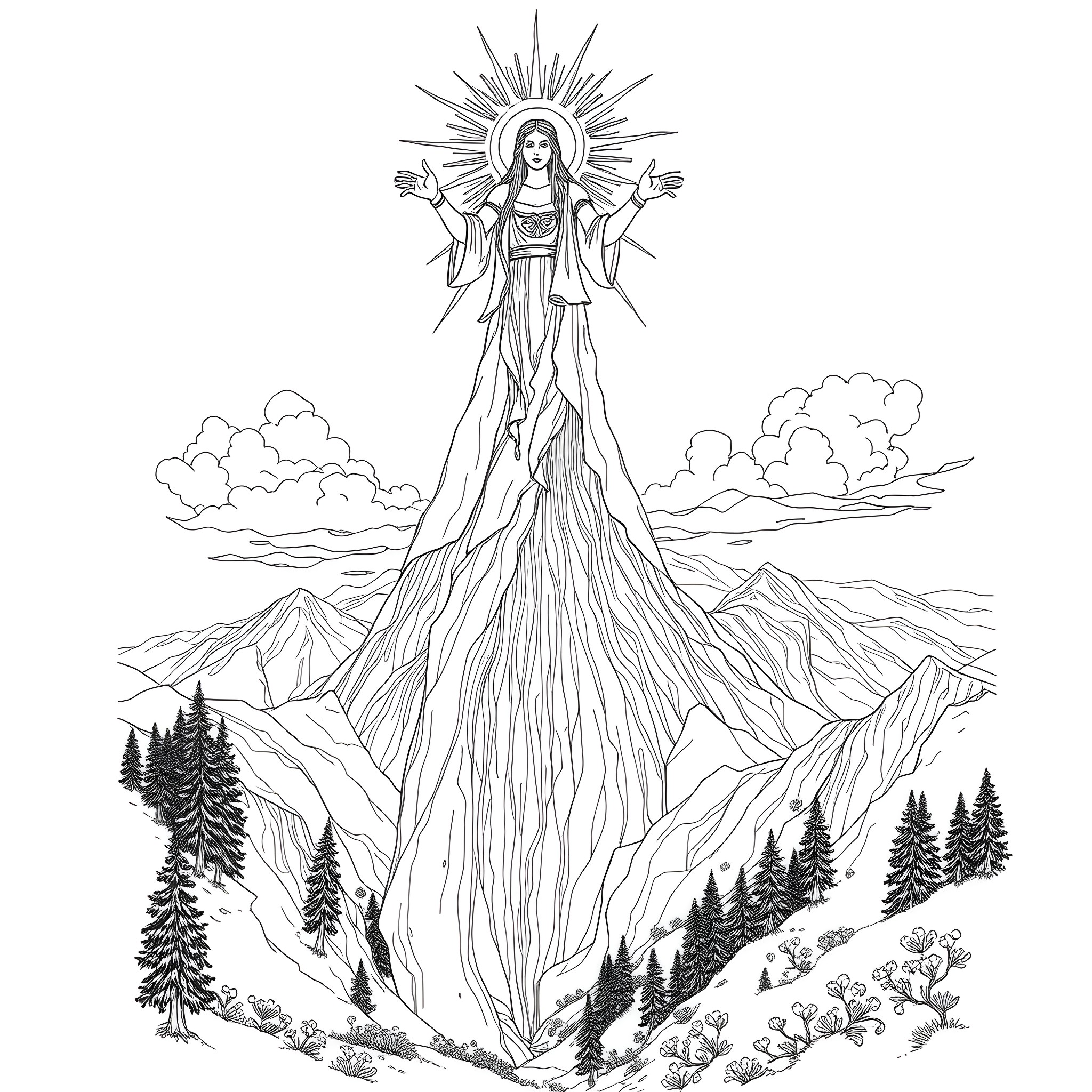 Spirit of Nature Ascending the Mountain Coloring Page (free black-and-white line drawing printable PDF for all, from beginners to advanced learners, including children, teens, adults, and seniors)