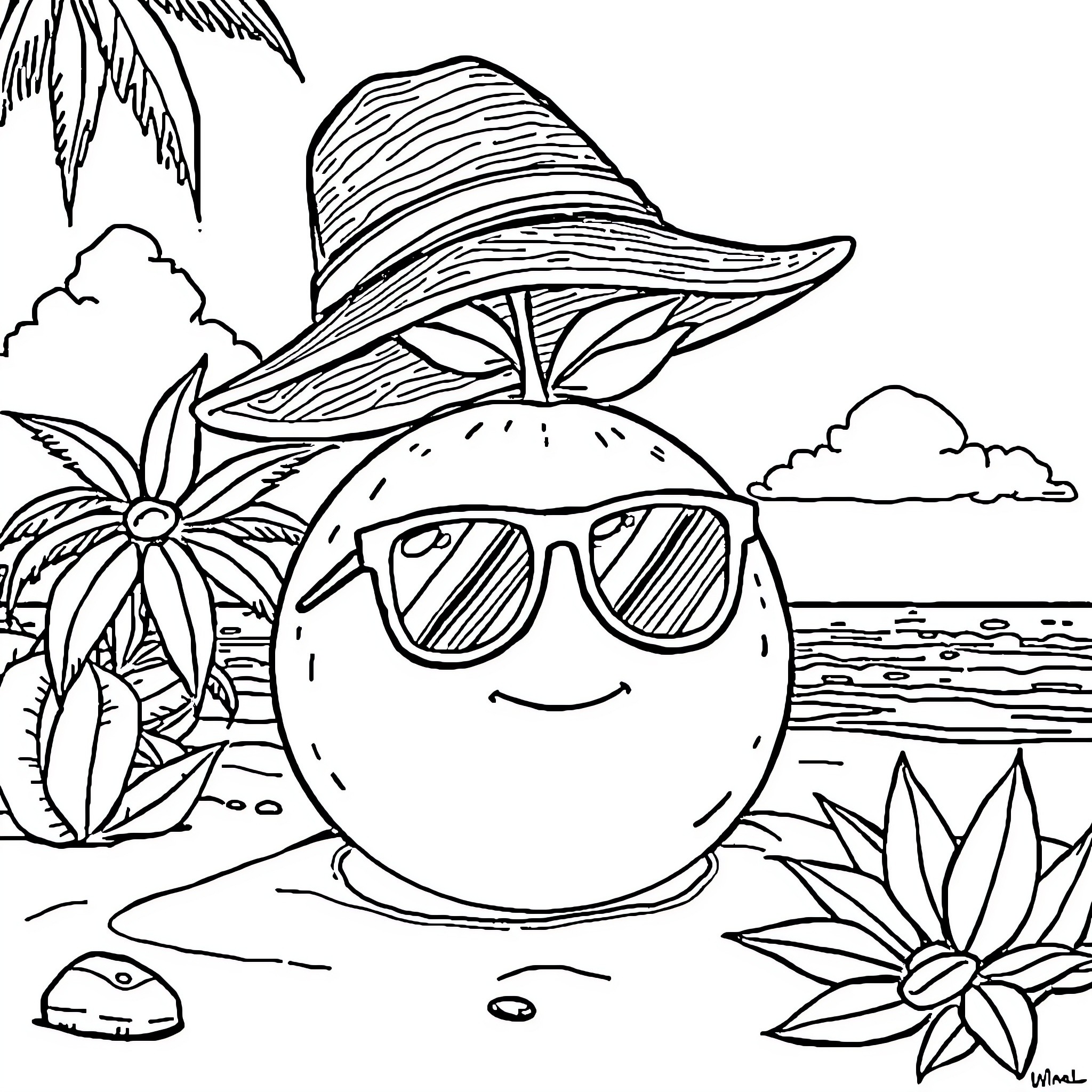 Orange Fruit Enjoying Sunny Beach Vacation Coloring Page (free black-and-white line drawing printable PDF for all, from beginners to advanced learners, including children, teens, adults, and seniors)