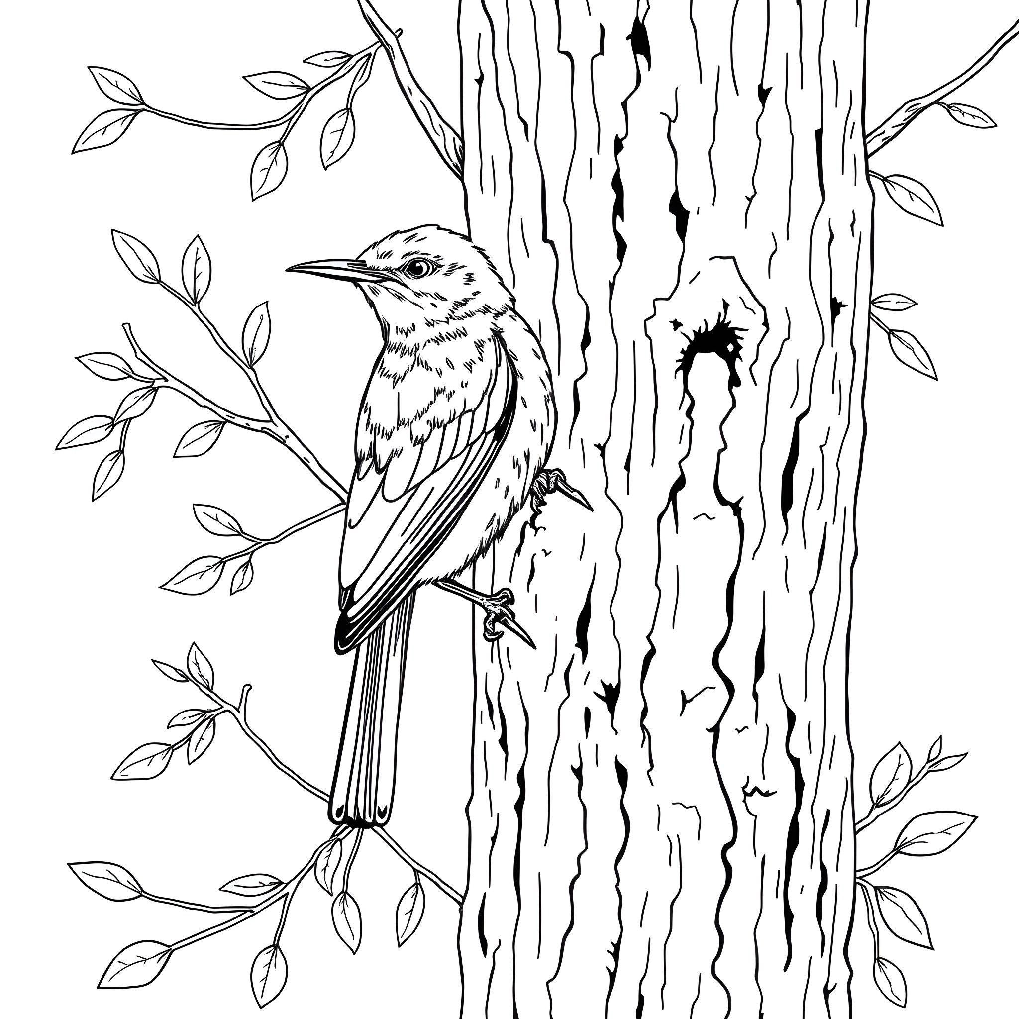 Honeycreeper perching on tree with foliage Coloring Page (free black-and-white line drawing printable PDF for all, from beginners to advanced learners, including children, teens, adults, and seniors)