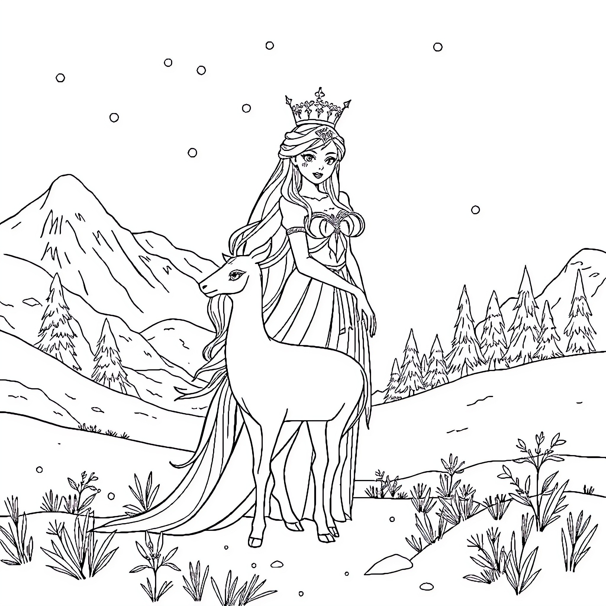 Queen in Elegant Attire with Graceful Deer Coloring Page (free black-and-white line drawing printable PDF for all, from beginners to advanced learners, including children, teens, adults, and seniors)