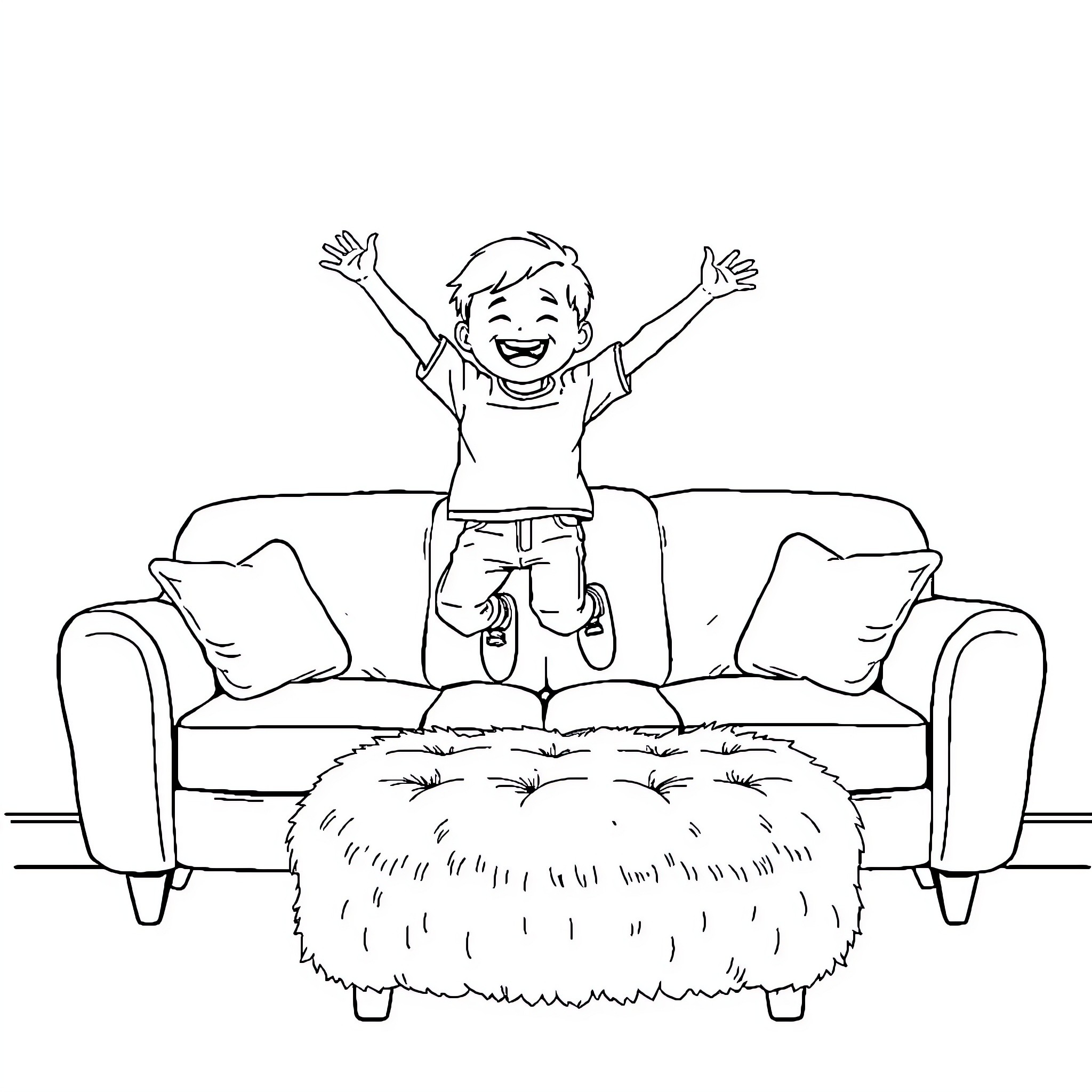 Boy joyfully jumping on sofa Coloring Page (free black-and-white line drawing printable PDF for all, from beginners to advanced learners, including children, teens, adults, and seniors)