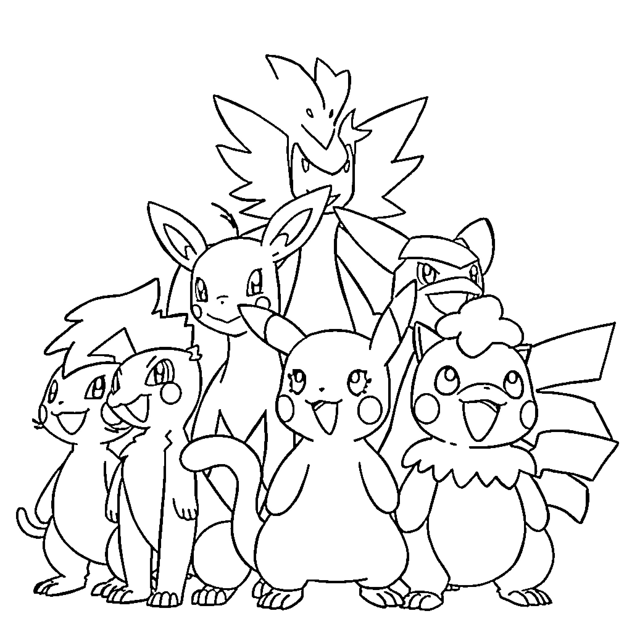 Pokémon characters posing together in a group Coloring Page (free black-and-white line drawing printable PDF for all, from beginners to advanced learners, including children, teens, adults, and seniors)