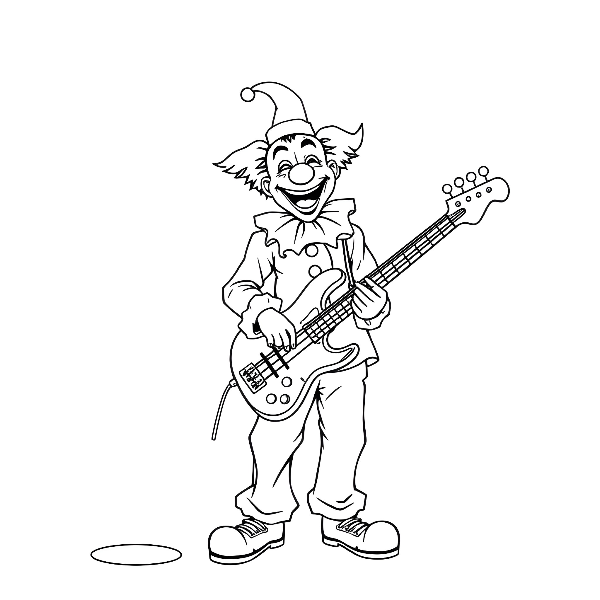 Clown playing electric guitar and performing Coloring Page (free black-and-white line drawing printable PDF for all, from beginners to advanced learners, including children, teens, adults, and seniors)