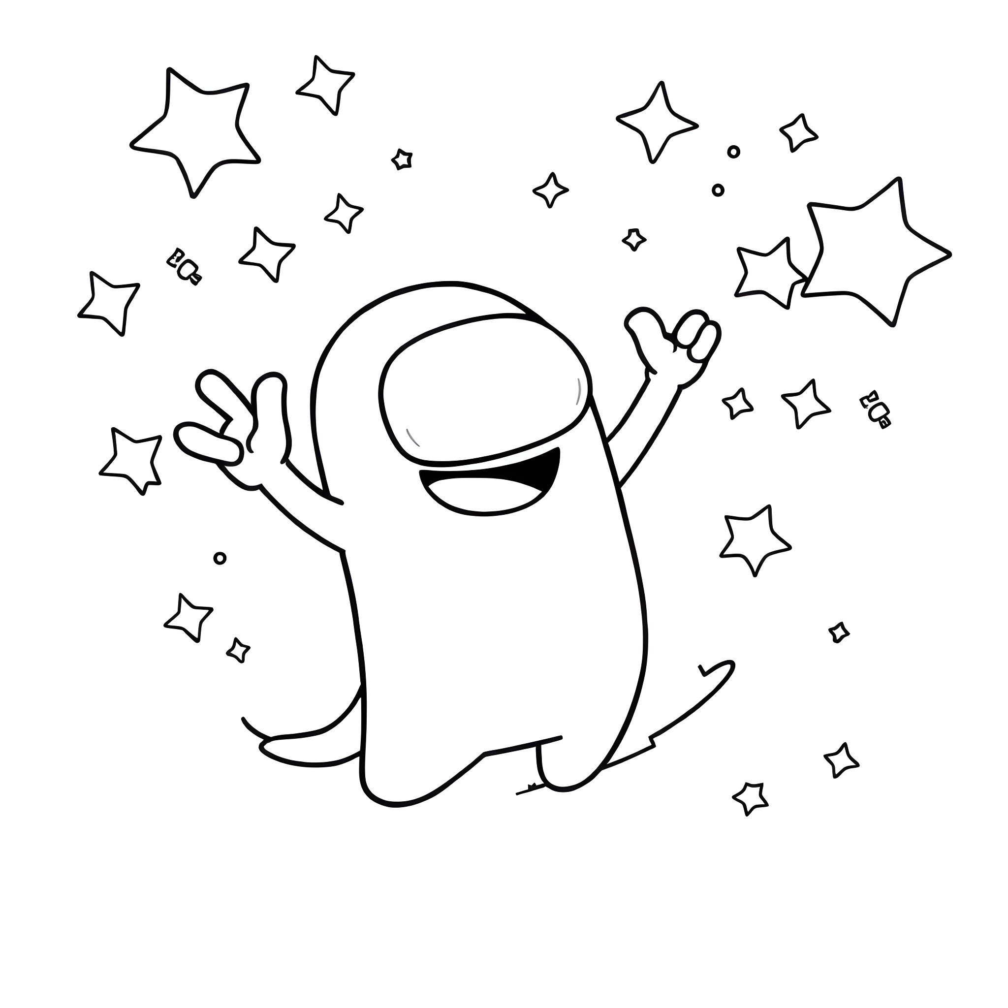 Among Us Character Celebrating Happily with Stars Coloring Page (free black-and-white line drawing printable PDF for all, from beginners to advanced learners, including children, teens, adults, and seniors)
