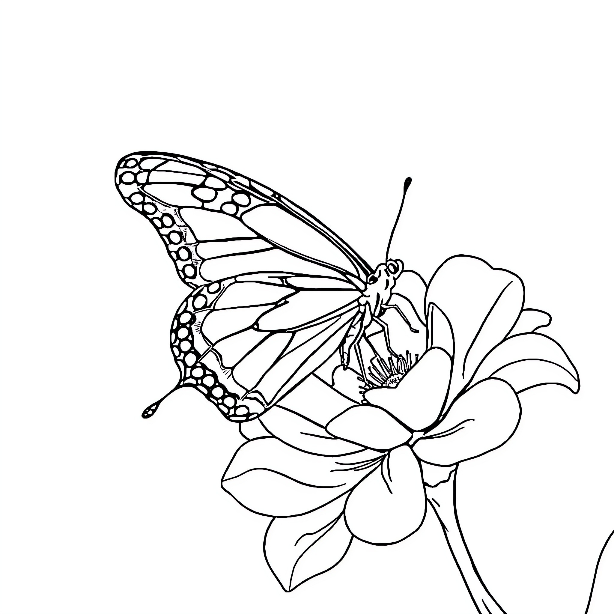 Papillon resting on delicate flower Coloring Page (free black-and-white line drawing printable PDF for all, from beginners to advanced learners, including children, teens, adults, and seniors)