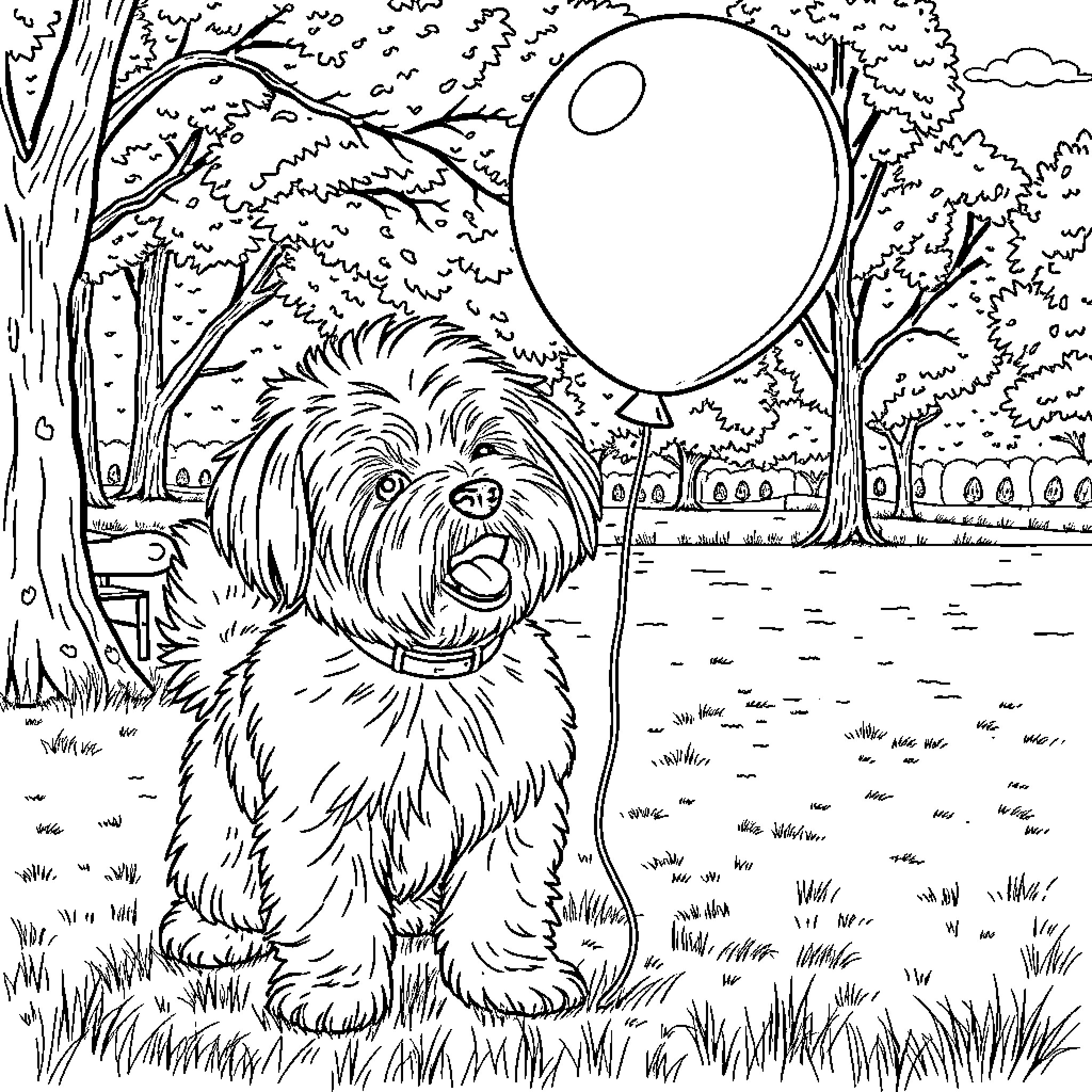 Maltese Dog Enjoying a Sunny Day Outdoors Coloring Page (free black-and-white line drawing printable PDF for all, from beginners to advanced learners, including children, teens, adults, and seniors)