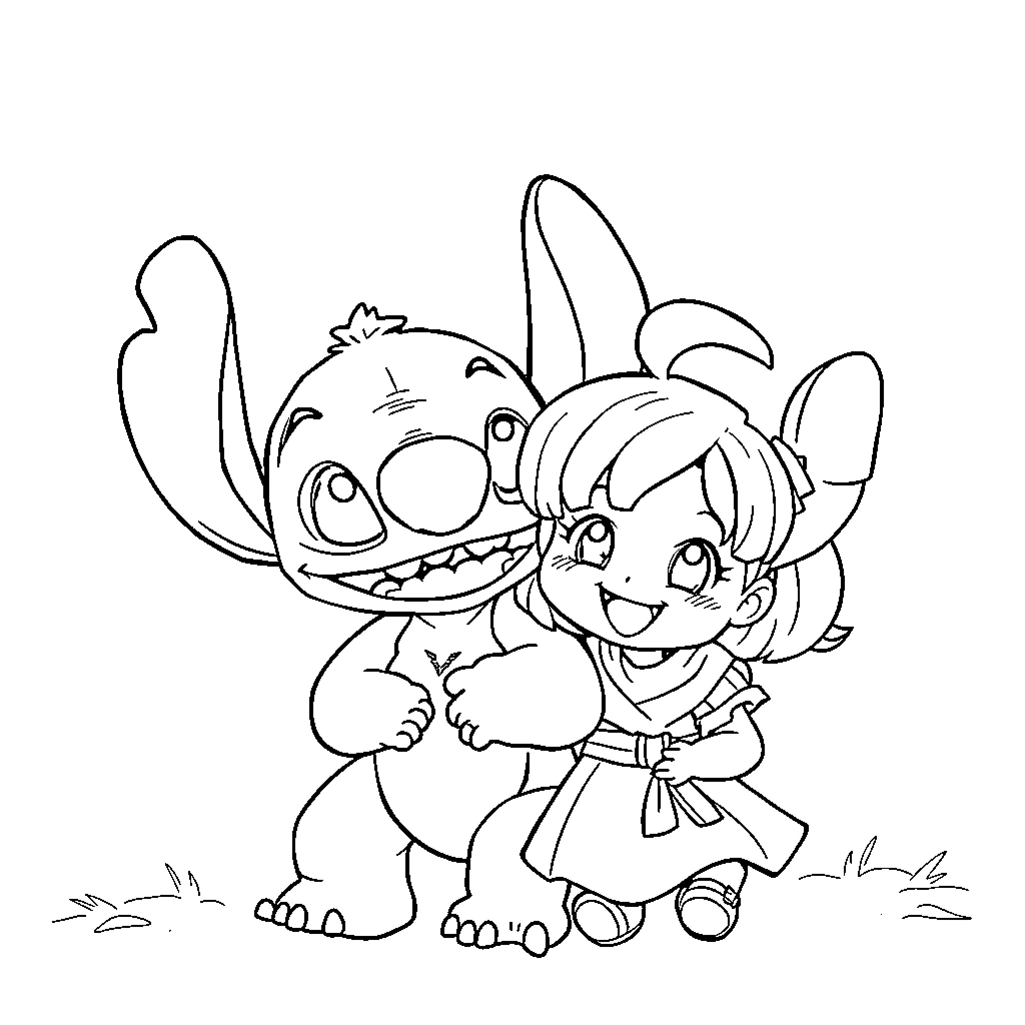 Stitch and child playing together happily Coloring Page (free black-and-white line drawing printable PDF for all, from beginners to advanced learners, including children, teens, adults, and seniors)