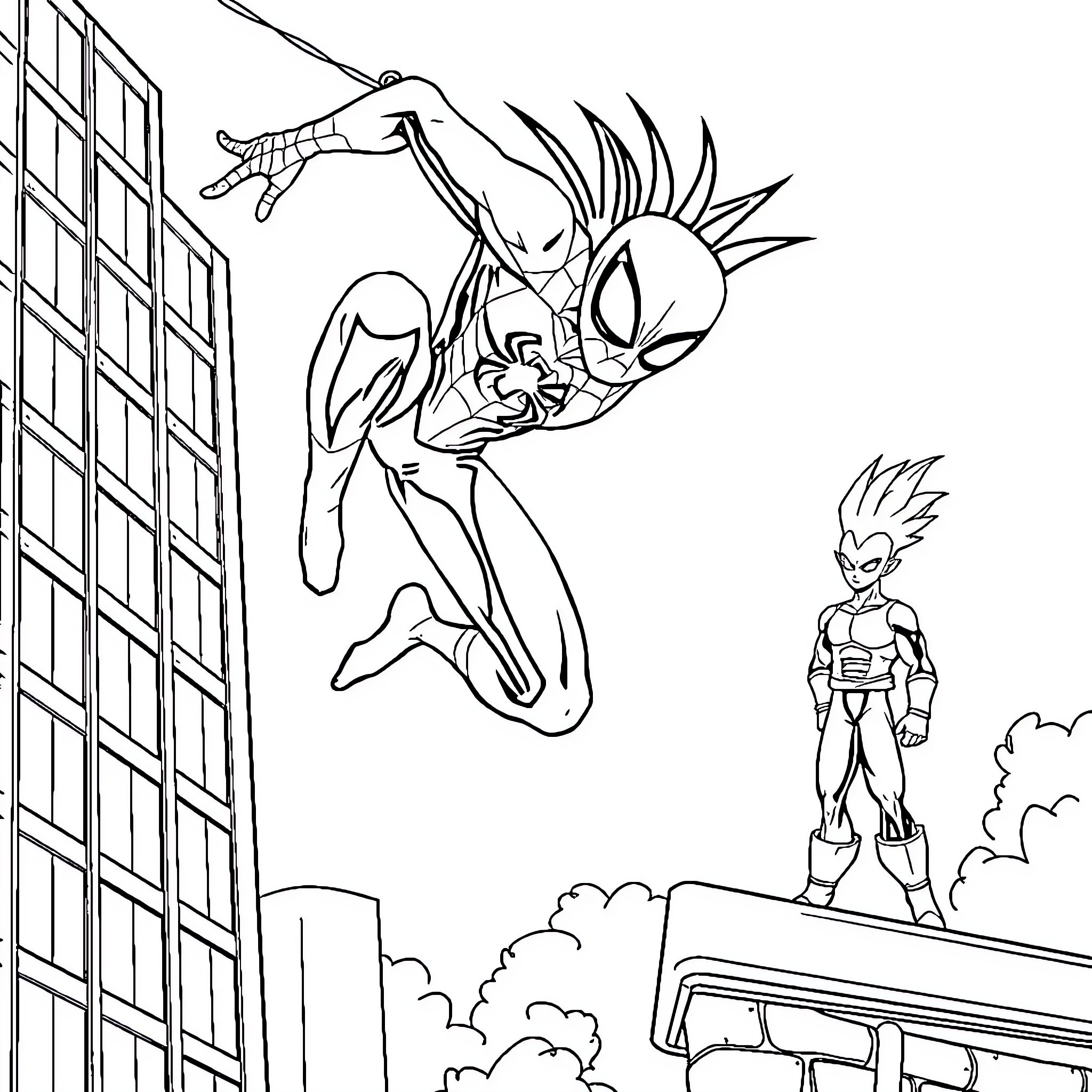 Spiderman swinging through the city with determination Coloring Page (free black-and-white line drawing printable PDF for all, from beginners to advanced learners, including children, teens, adults, and seniors)