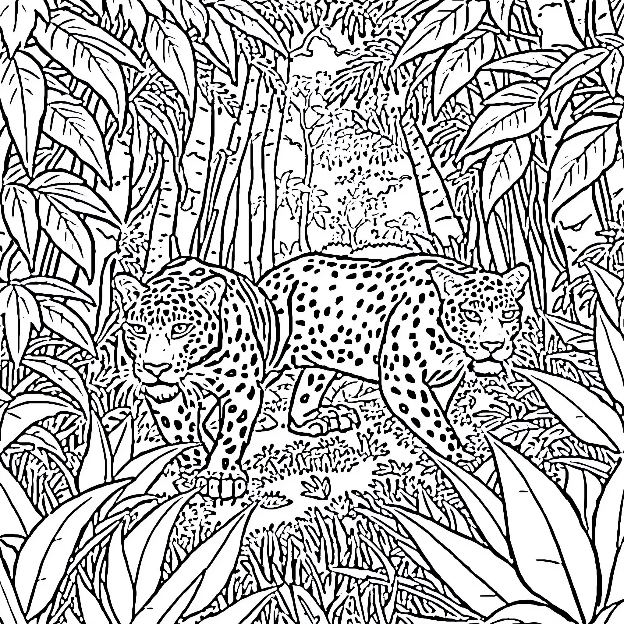 Panther Prowling Through Tropical Foliage Coloring Page (free black-and-white line drawing printable PDF for all, from beginners to advanced learners, including children, teens, adults, and seniors)