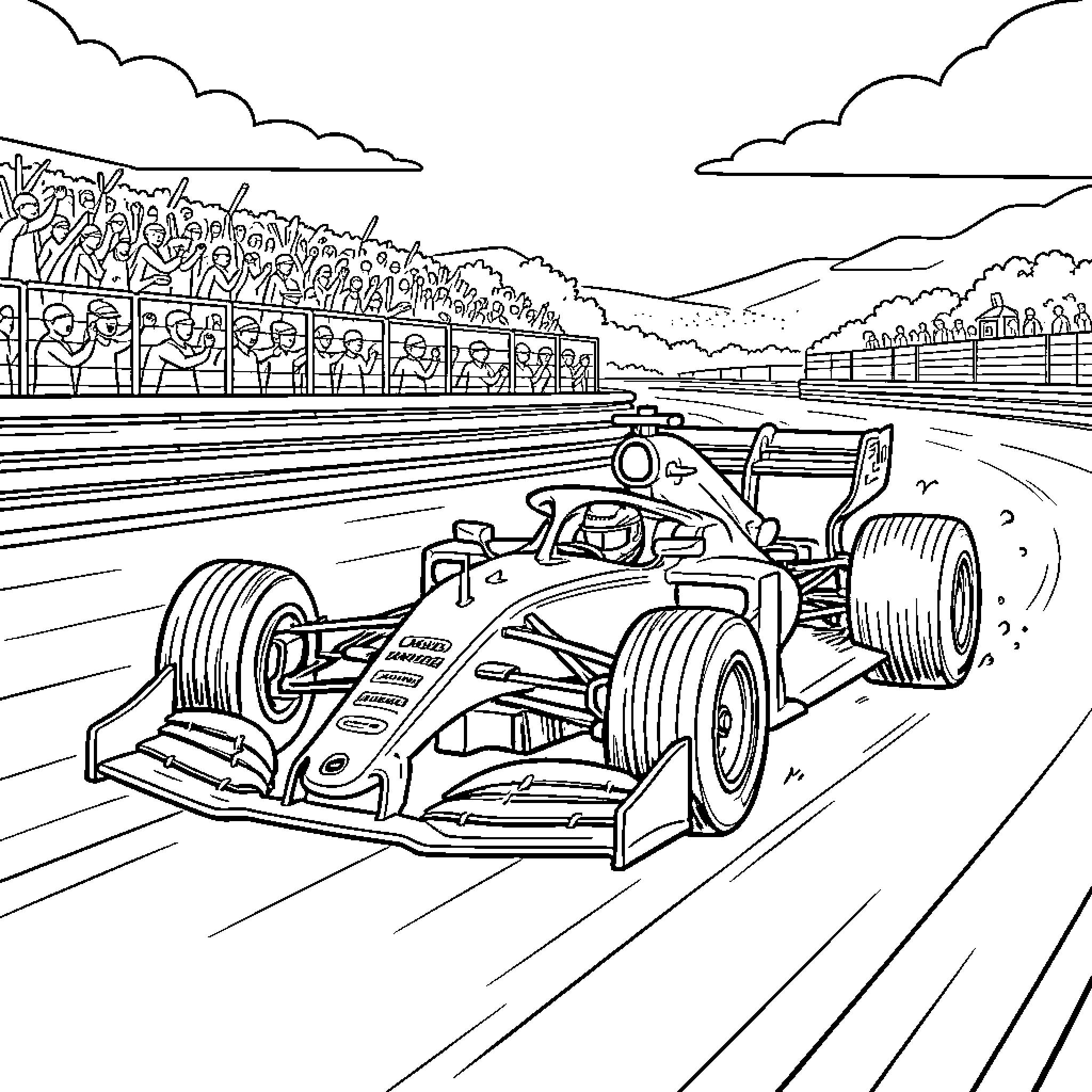 Sangoku racing a formula car on a track Coloring Page (free black-and-white line drawing printable PDF for all, from beginners to advanced learners, including children, teens, adults, and seniors)