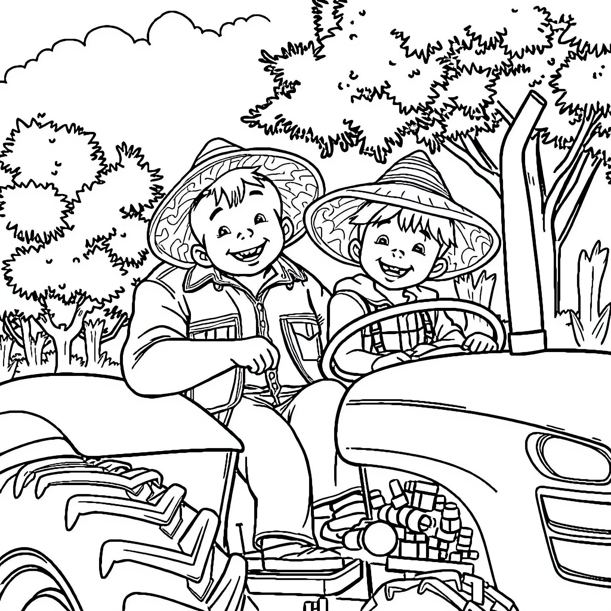 Boy Explorers Driving Jeep Through Wilderness Coloring Page (free black-and-white line drawing printable PDF for all, from beginners to advanced learners, including children, teens, adults, and seniors)