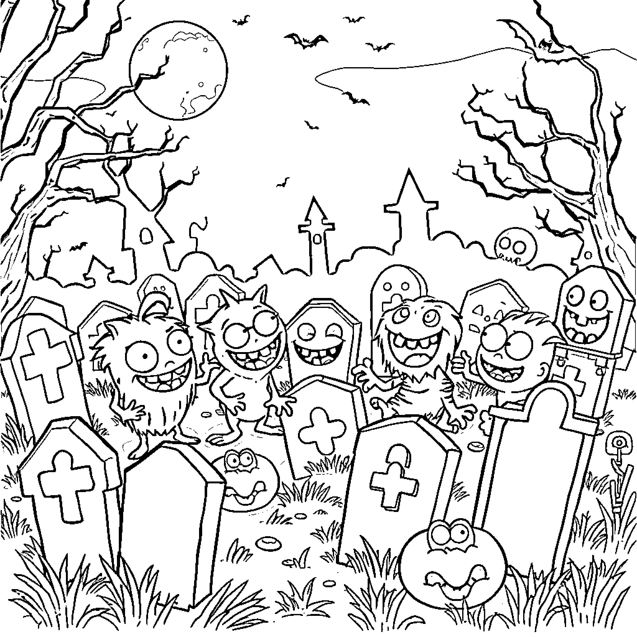Monster Creatures Gathering in a Spooky Graveyard Coloring Page (free black-and-white line drawing printable PDF for all, from beginners to advanced learners, including children, teens, adults, and seniors)