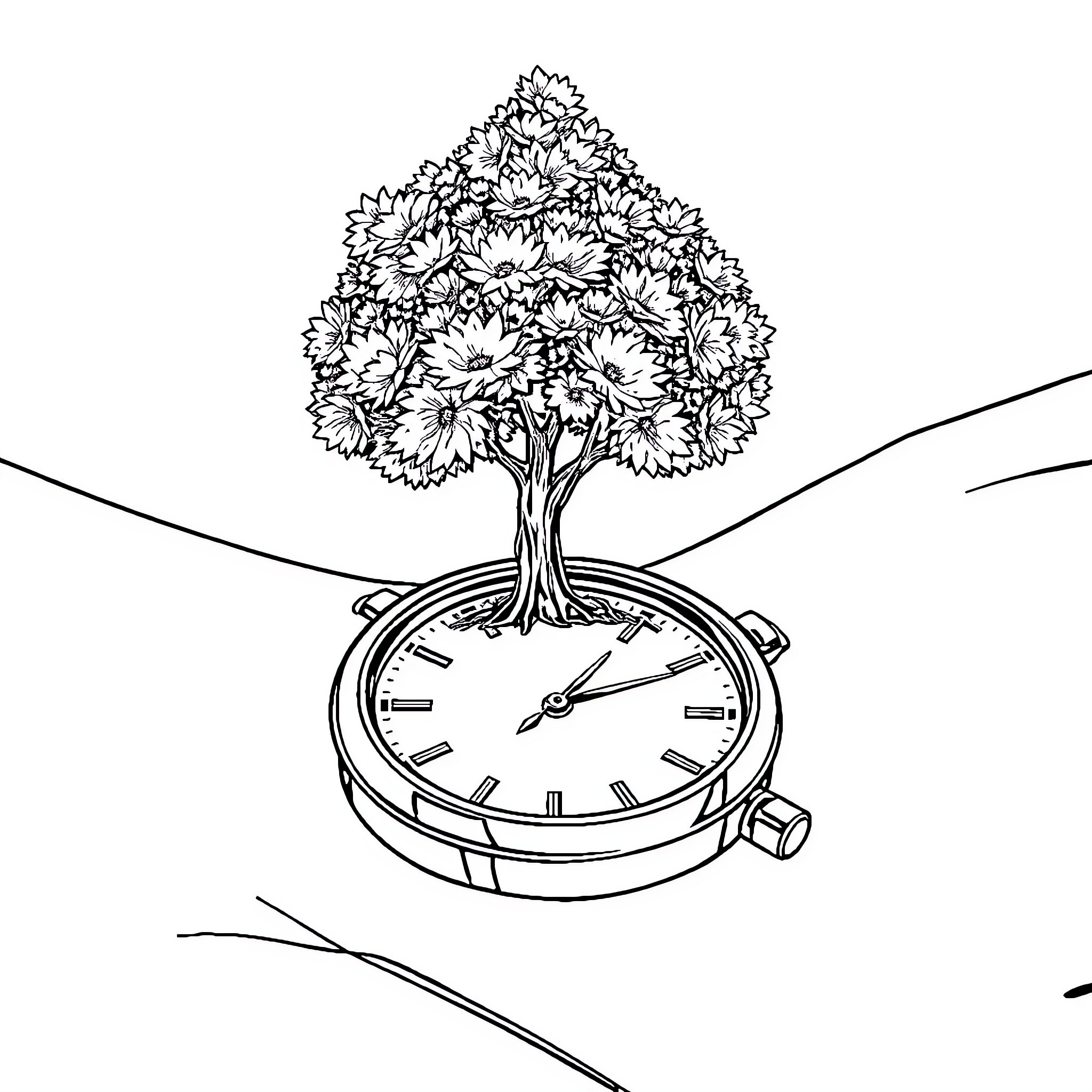 Tree Growing out of Clock Coloring Page (free black-and-white line drawing printable PDF for all, from beginners to advanced learners, including children, teens, adults, and seniors)
