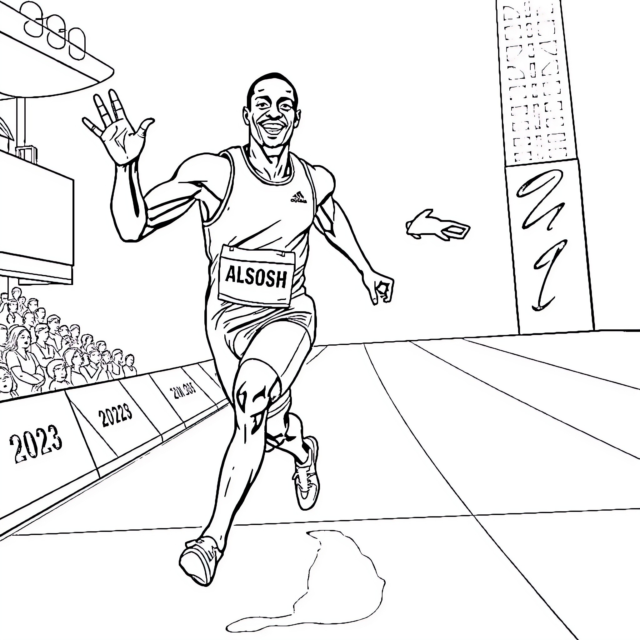 Usain Bolt Sprinting to Victory on Track Coloring Page (free black-and-white line drawing printable PDF for all, from beginners to advanced learners, including children, teens, adults, and seniors)