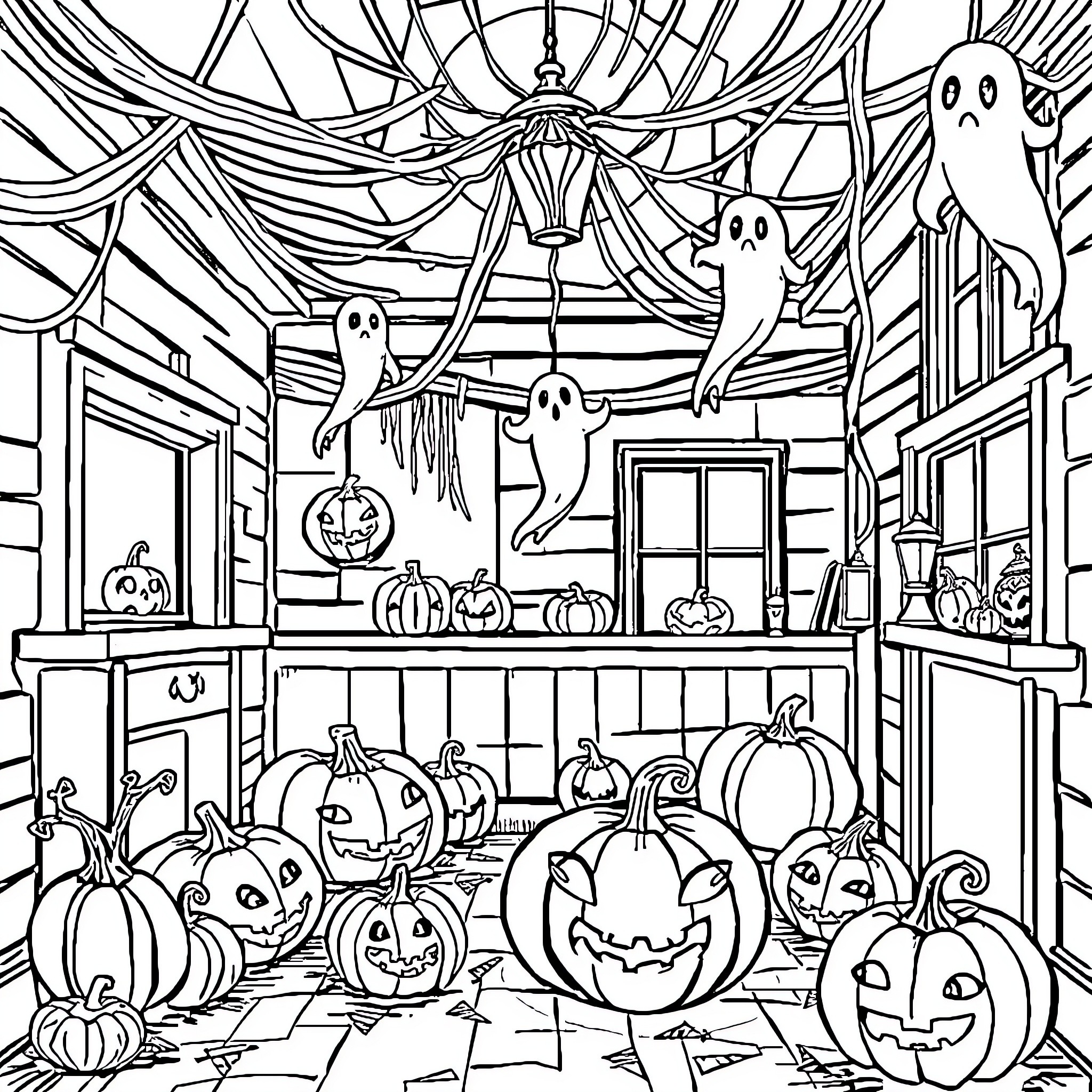 Halloween spooky haunted house decor Coloring Page (free black-and-white line drawing printable PDF for all, from beginners to advanced learners, including children, teens, adults, and seniors)