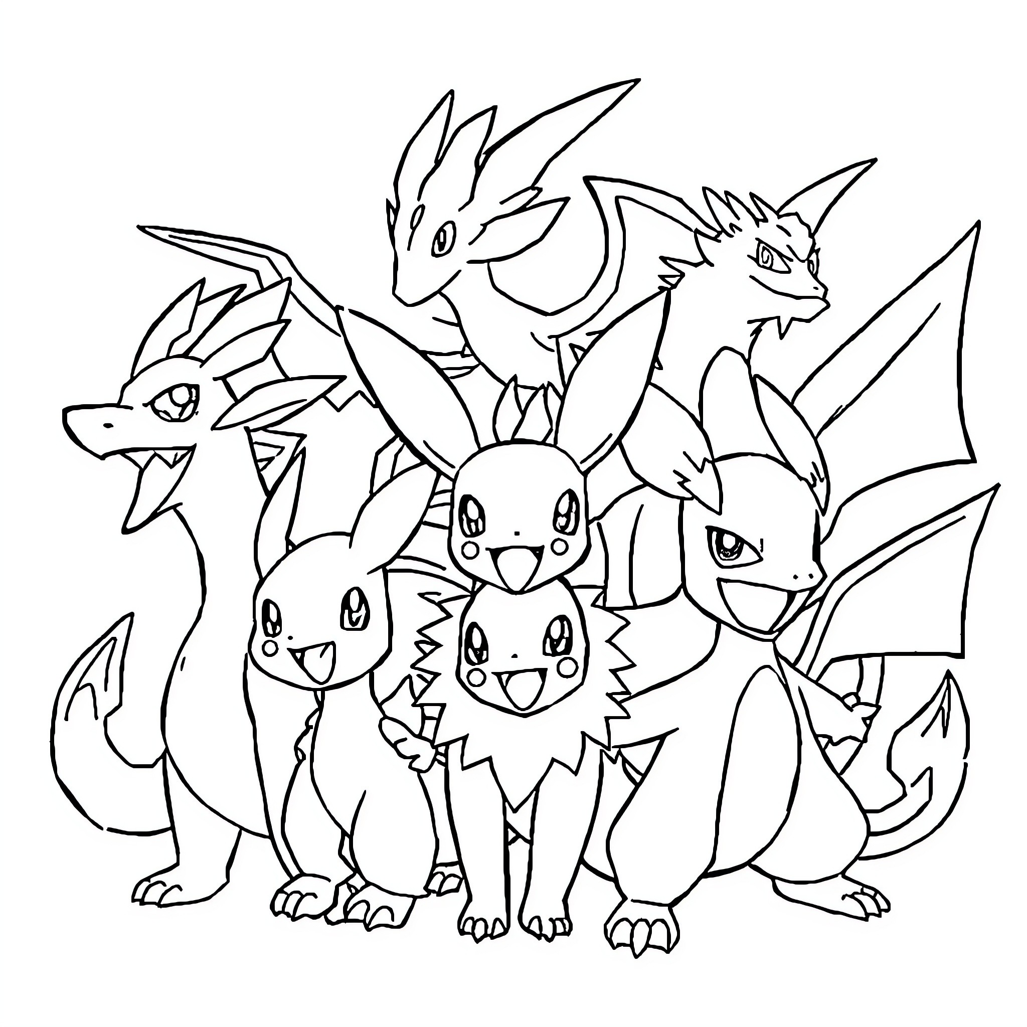 Pokémon group of various creatures posing together Coloring Page (free black-and-white line drawing printable PDF for all, from beginners to advanced learners, including children, teens, adults, and seniors)