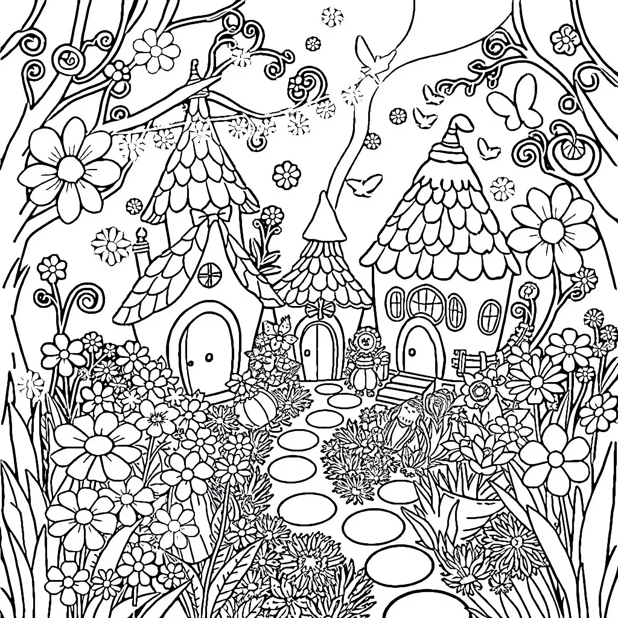 Fairy houses in a whimsical garden Coloring Page (free black-and-white line drawing printable PDF for all, from beginners to advanced learners, including children, teens, adults, and seniors)