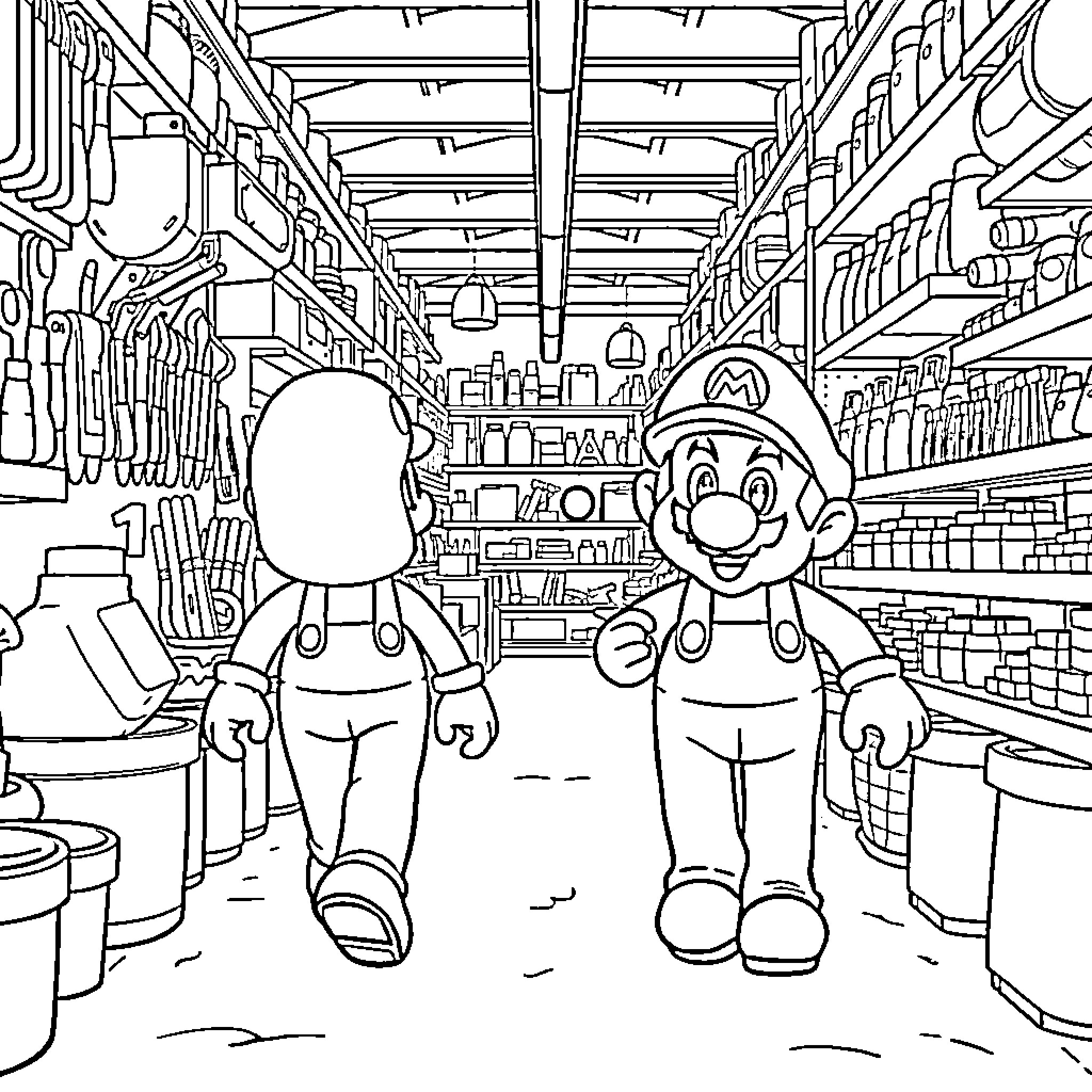 Mario and Friend Exploring the Hardware Store Coloring Page (free black-and-white line drawing printable PDF for all, from beginners to advanced learners, including children, teens, adults, and seniors)