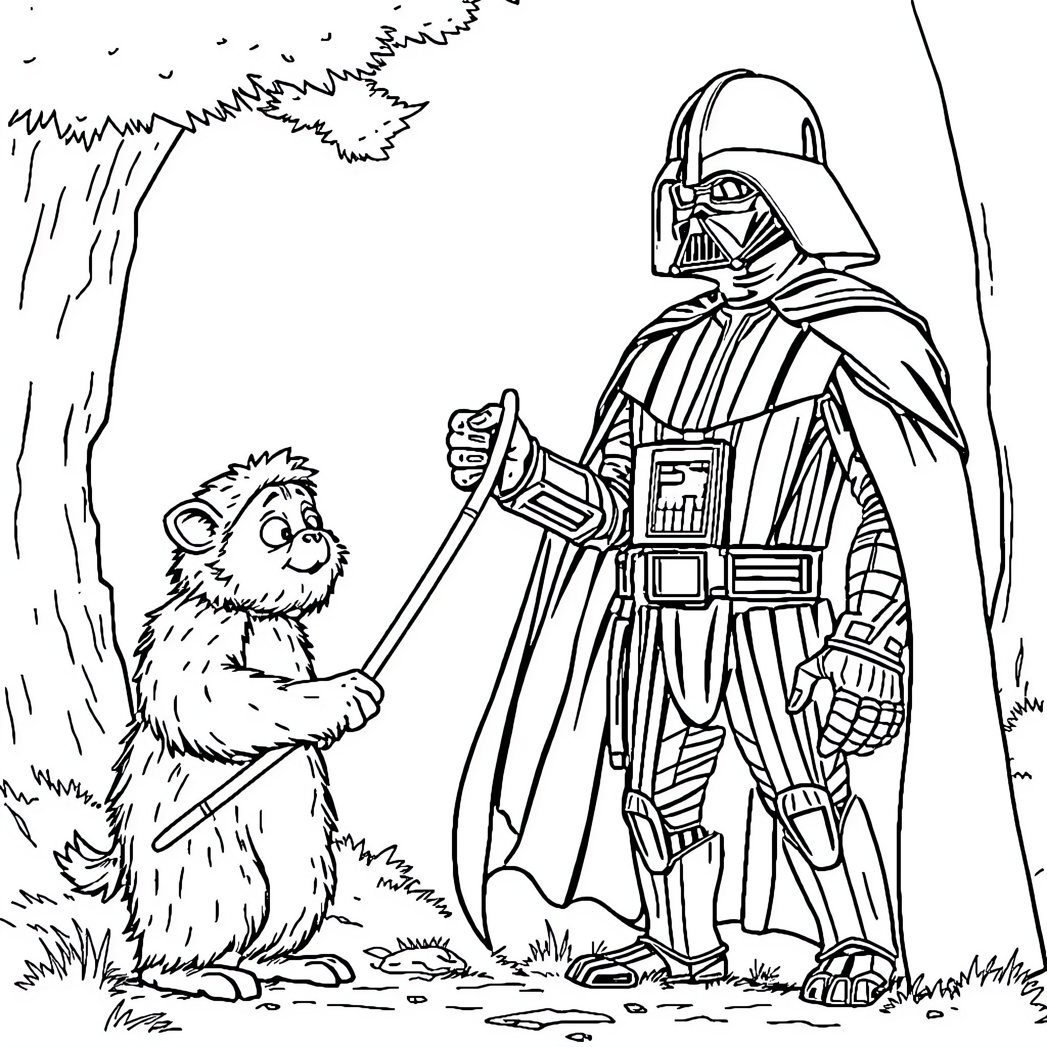 Darth Vader Encounters a Curious Forest Creature Coloring Page (free black-and-white line drawing printable PDF for all, from beginners to advanced learners, including children, teens, adults, and seniors)