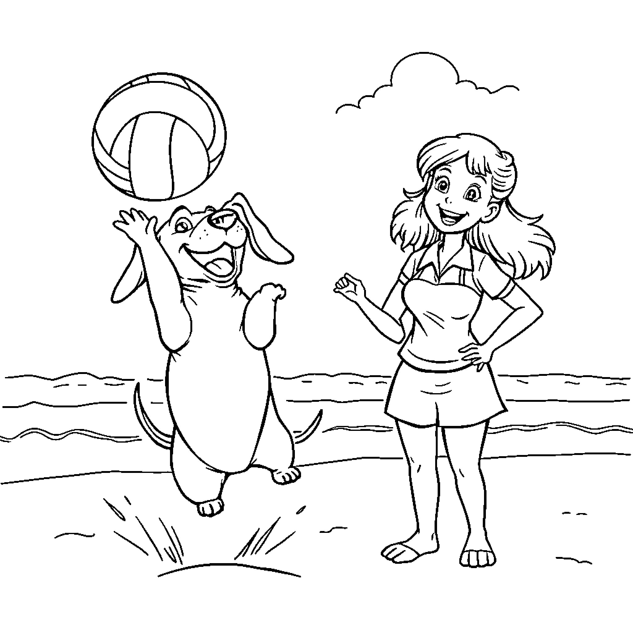 Dachshund playing with girl on the beach Coloring Page (free black-and-white line drawing printable PDF for all, from beginners to advanced learners, including children, teens, adults, and seniors)