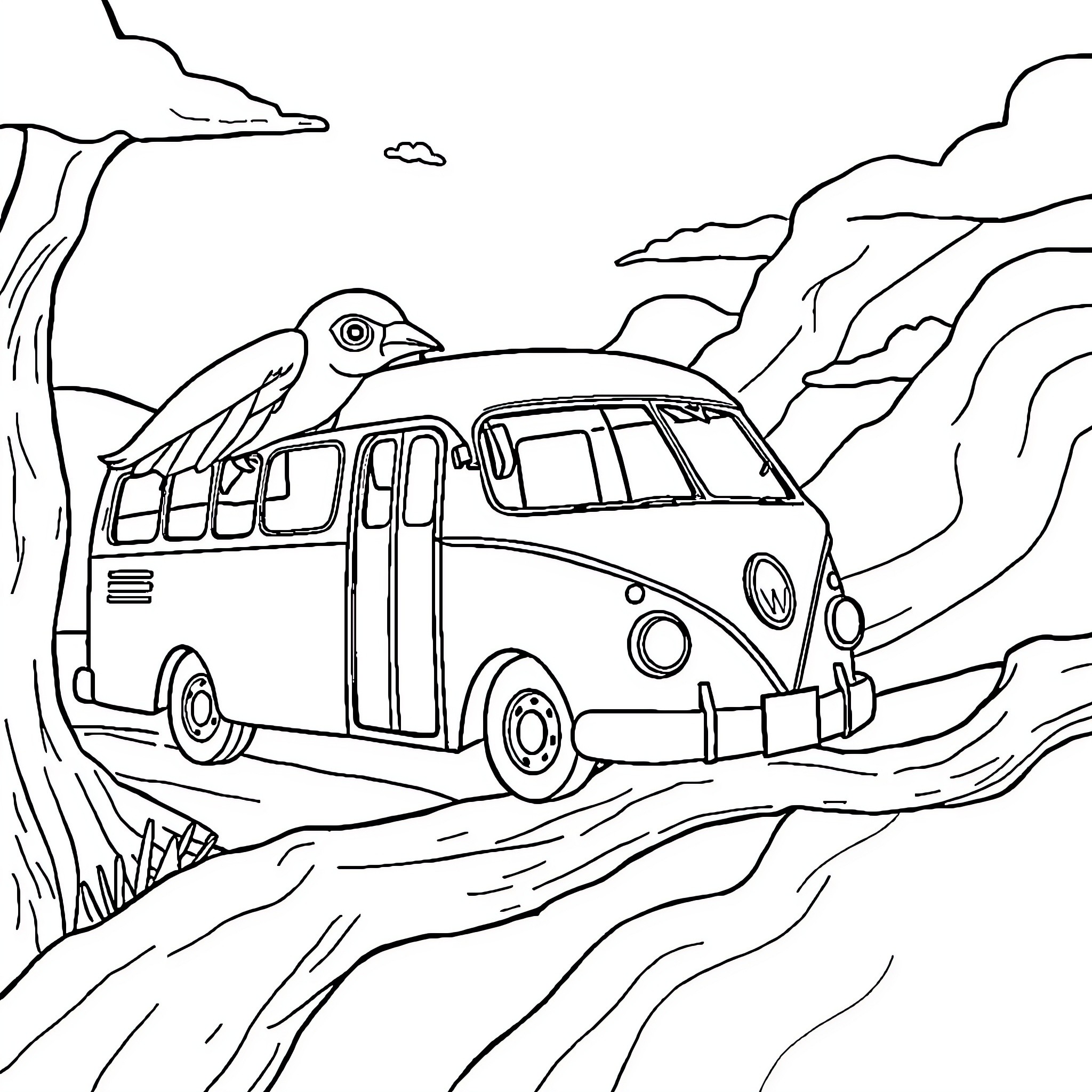Labubu's Vintage Van Adventure Coloring Page (free black-and-white line drawing printable PDF for all, from beginners to advanced learners, including children, teens, adults, and seniors)