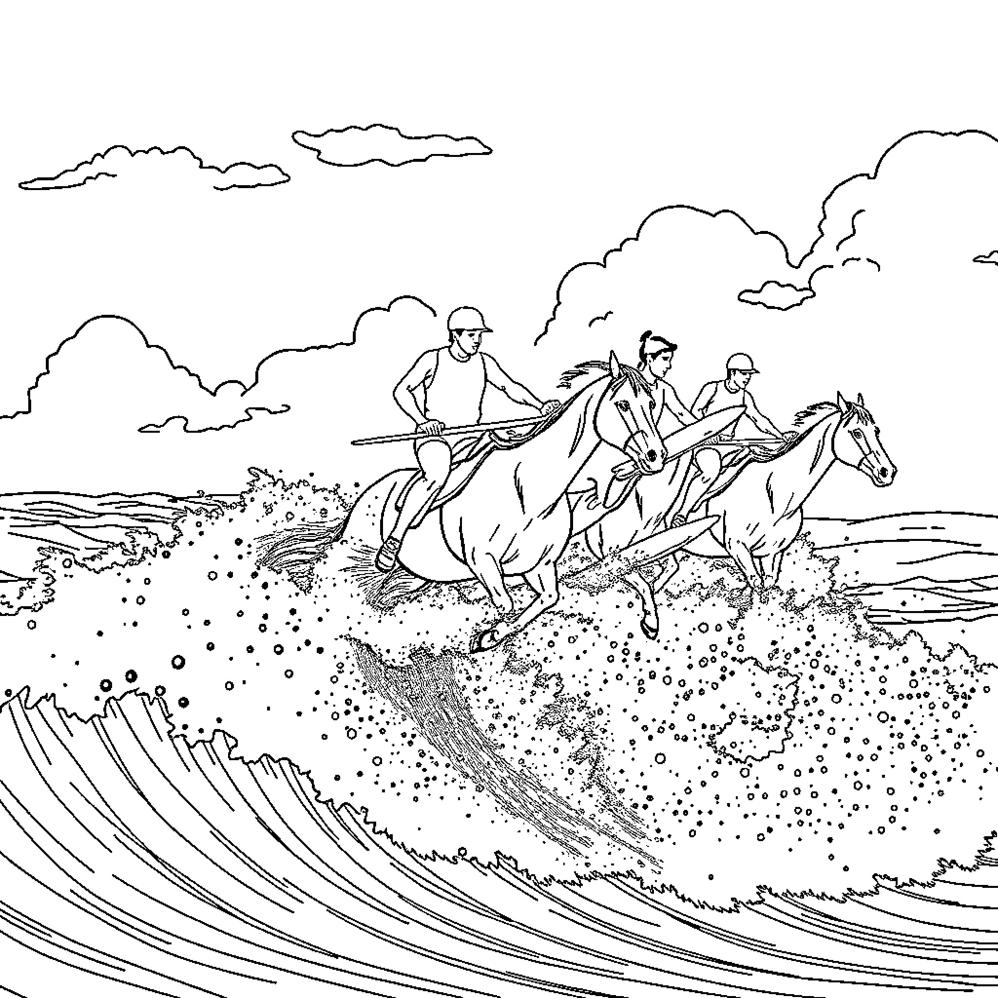 Horse Riders Galloping Through Waves Coloring Page (free black-and-white line drawing printable PDF for all, from beginners to advanced learners, including children, teens, adults, and seniors)