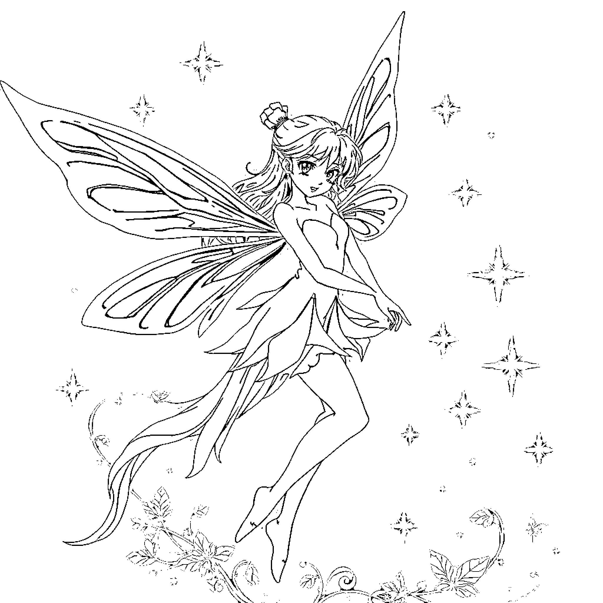 Fairy dancing gracefully among the stars Coloring Page (free black-and-white line drawing printable PDF for all, from beginners to advanced learners, including children, teens, adults, and seniors)