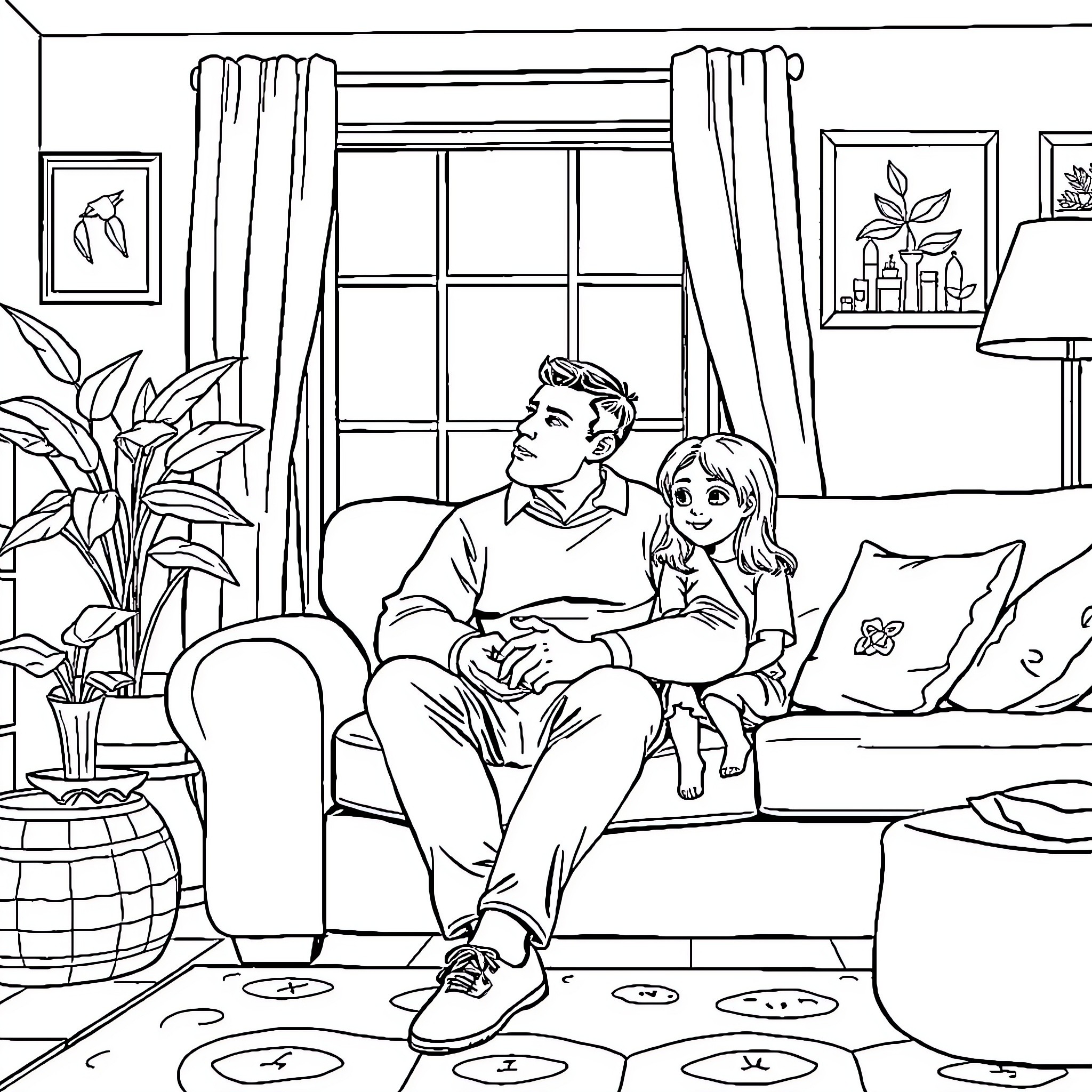 Father and child enjoying quality time together Coloring Page (free black-and-white line drawing printable PDF for all, from beginners to advanced learners, including children, teens, adults, and seniors)