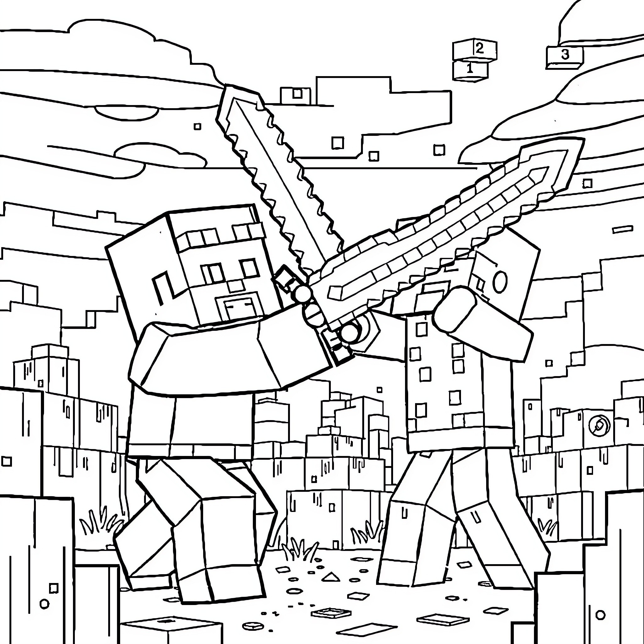 Minecraft Character in Epic Battle Wielding Sword Coloring Page (free black-and-white line drawing printable PDF for all, from beginners to advanced learners, including children, teens, adults, and seniors)