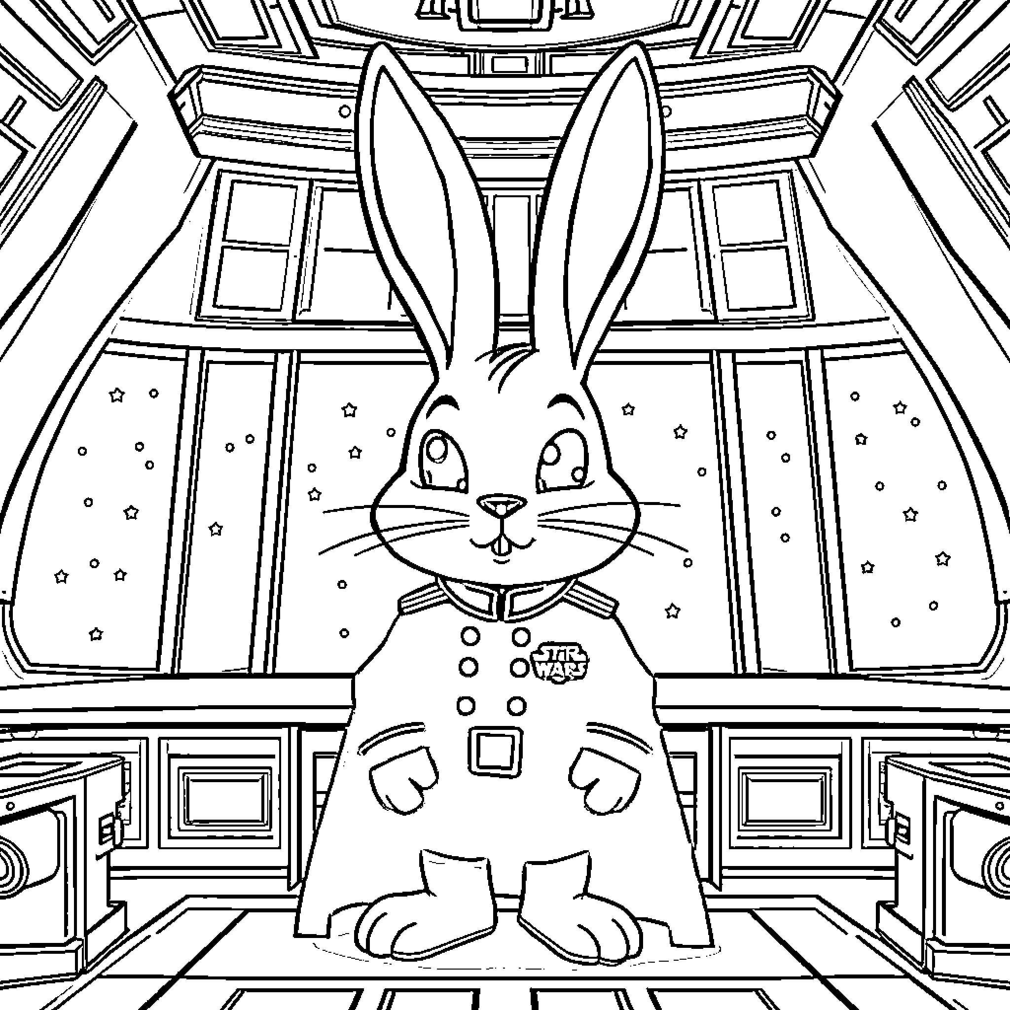 Bunny exploring a magical castle Coloring Page (free black-and-white line drawing printable PDF for all, from beginners to advanced learners, including children, teens, adults, and seniors)