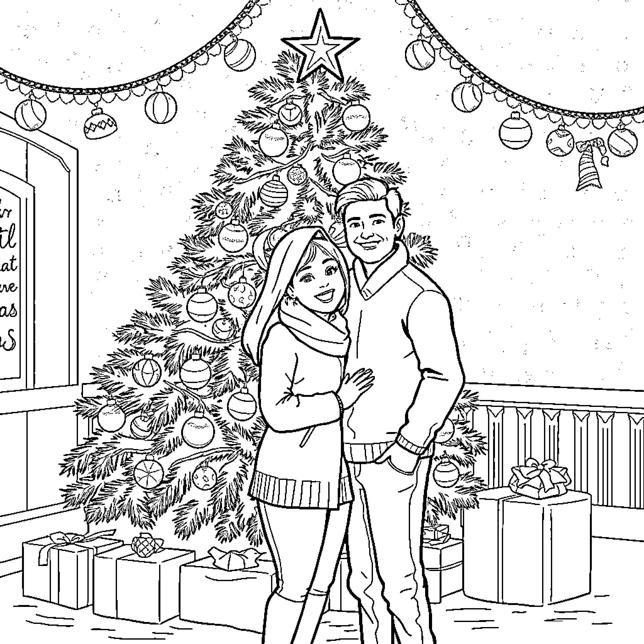 Couple admiring decorated Christmas tree Coloring Page (free black-and-white line drawing printable PDF for all, from beginners to advanced learners, including children, teens, adults, and seniors)