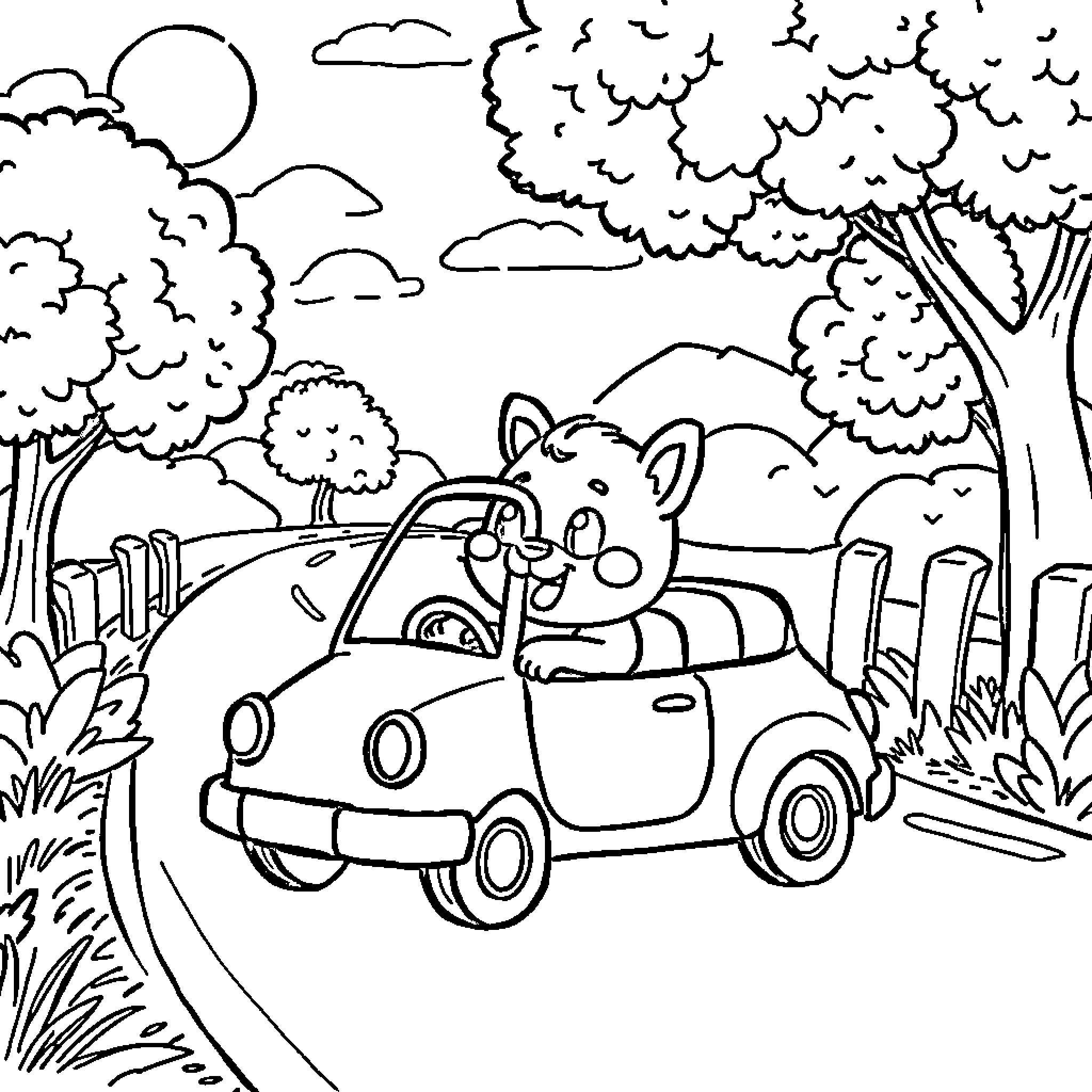 Labubu driving happily through the countryside Coloring Page (free black-and-white line drawing printable PDF for all, from beginners to advanced learners, including children, teens, adults, and seniors)
