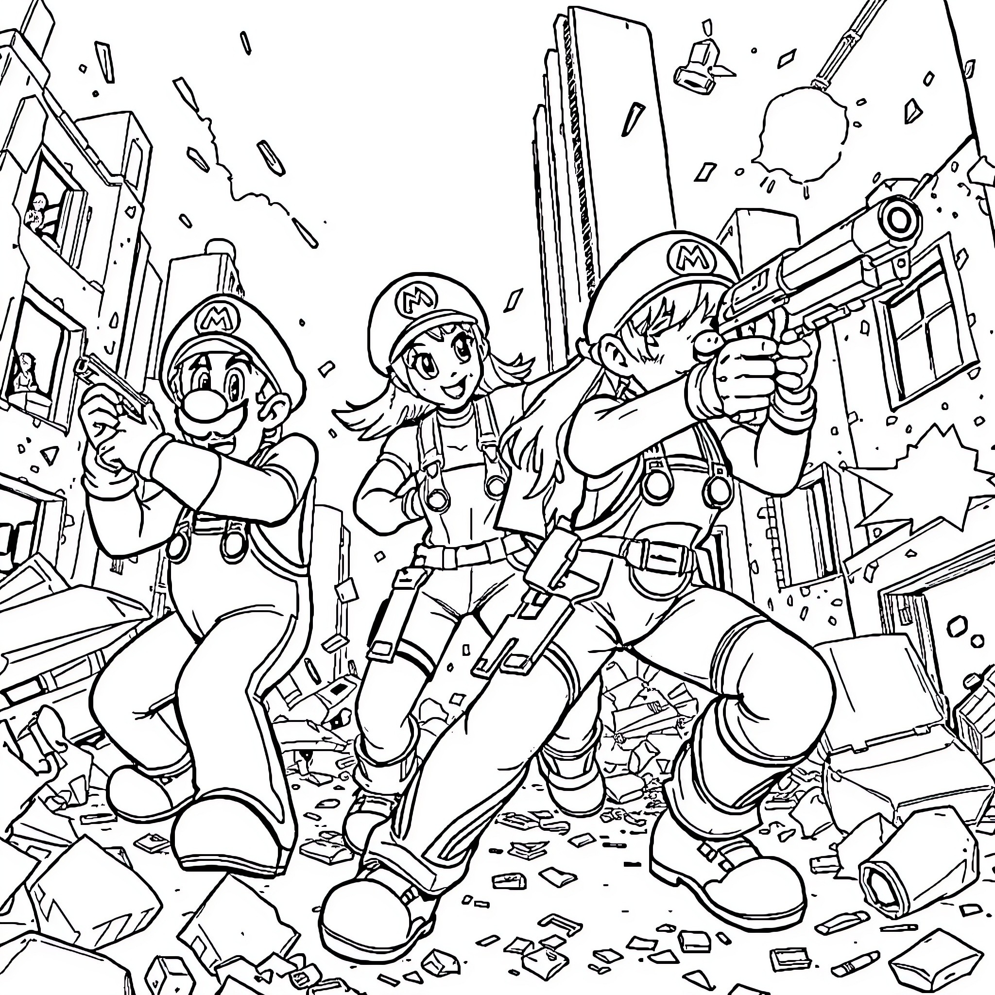 Luigi's Chaotic Adventure in the City Coloring Page (free black-and-white line drawing printable PDF for all, from beginners to advanced learners, including children, teens, adults, and seniors)
