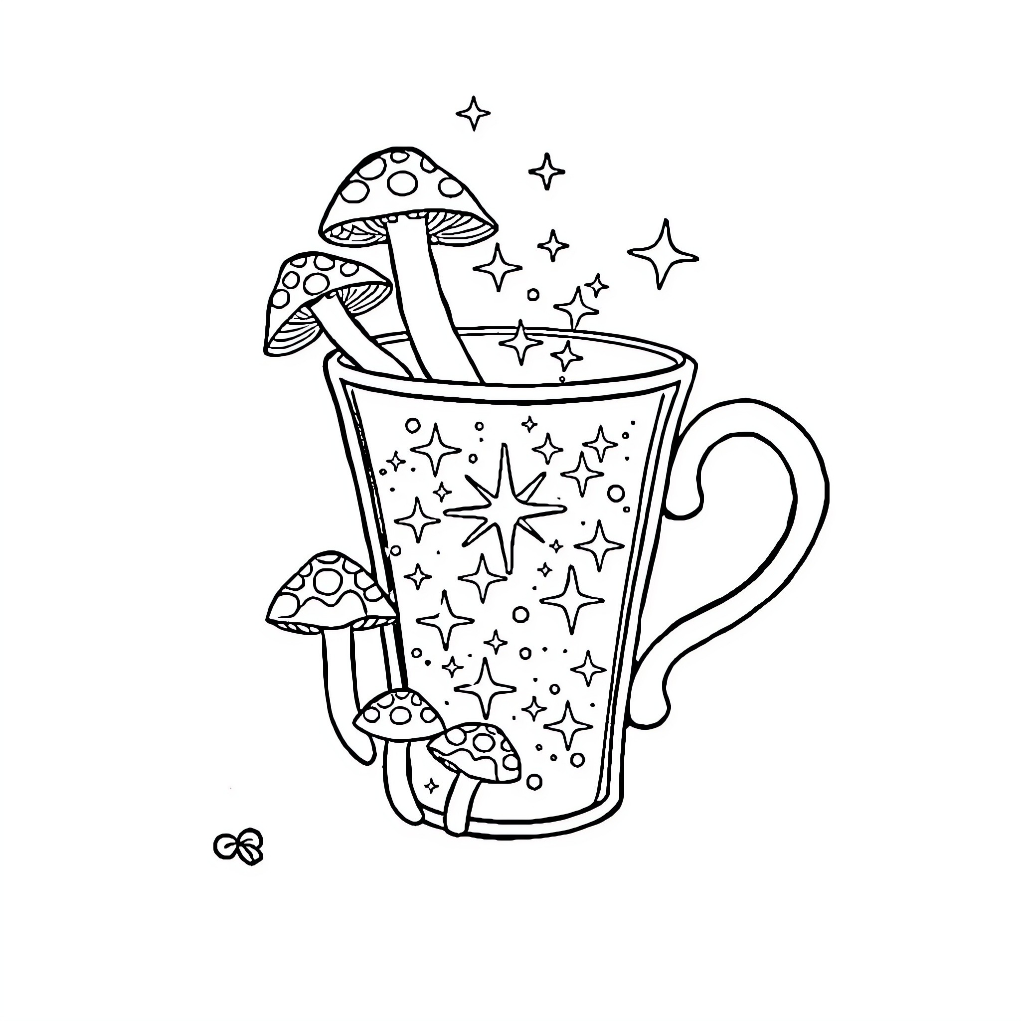 Mushroom Beverage with Magical Accents Coloring Page (free black-and-white line drawing printable PDF for all, from beginners to advanced learners, including children, teens, adults, and seniors)
