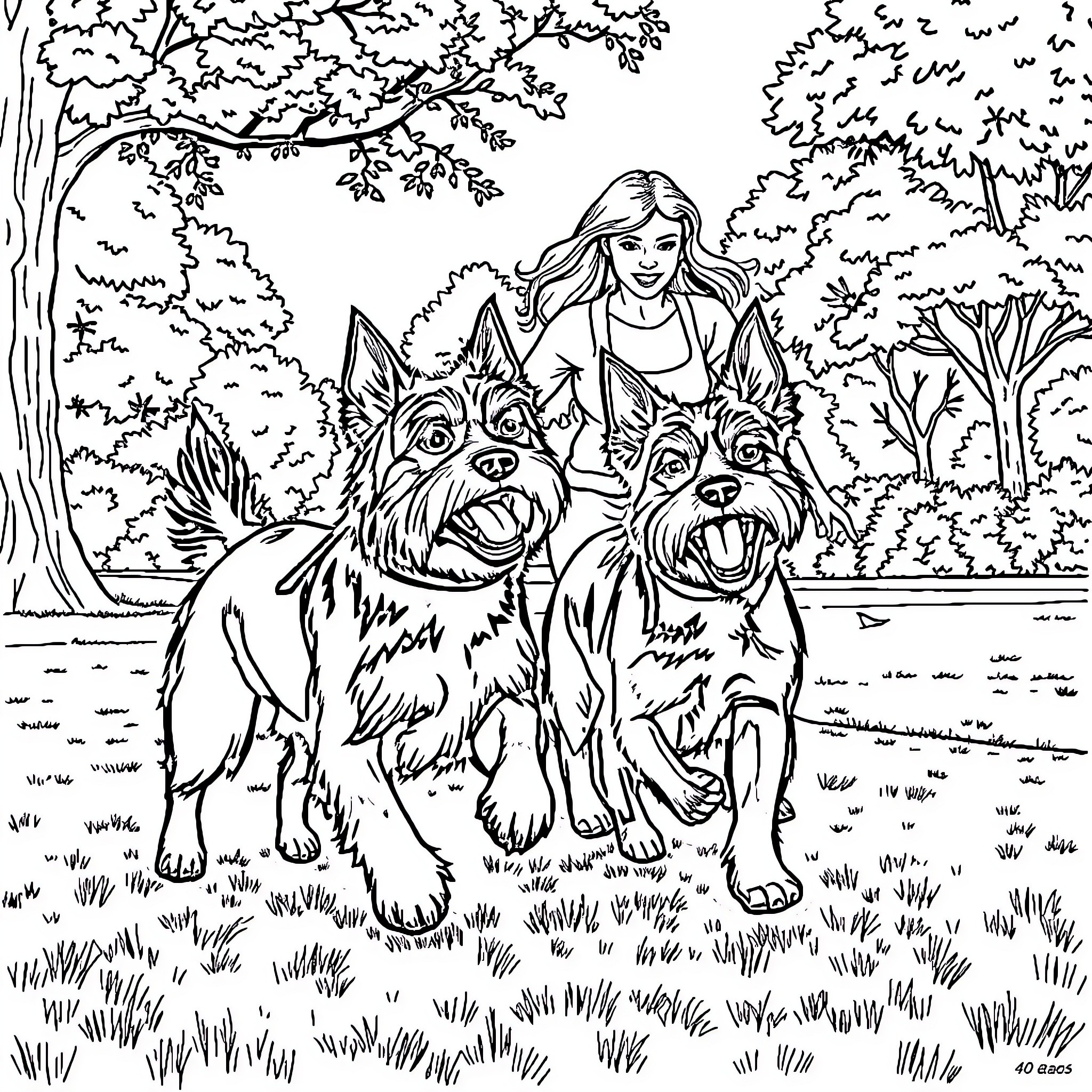 Dog Companions Enjoying Nature's Embrace Coloring Page (free black-and-white line drawing printable PDF for all, from beginners to advanced learners, including children, teens, adults, and seniors)
