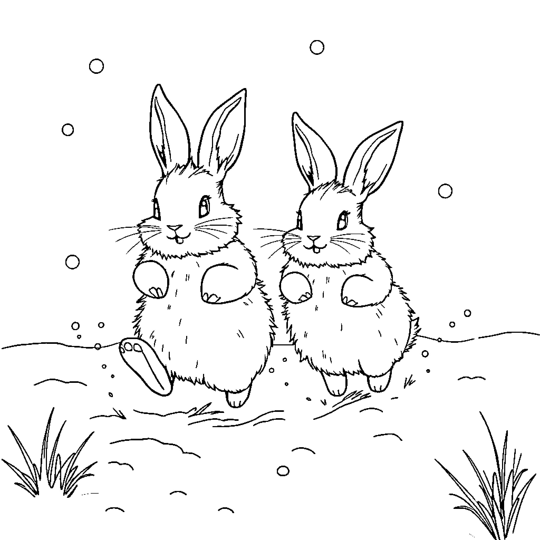 Bunnies playing together in the snow Coloring Page (free black-and-white line drawing printable PDF for all, from beginners to advanced learners, including children, teens, adults, and seniors)