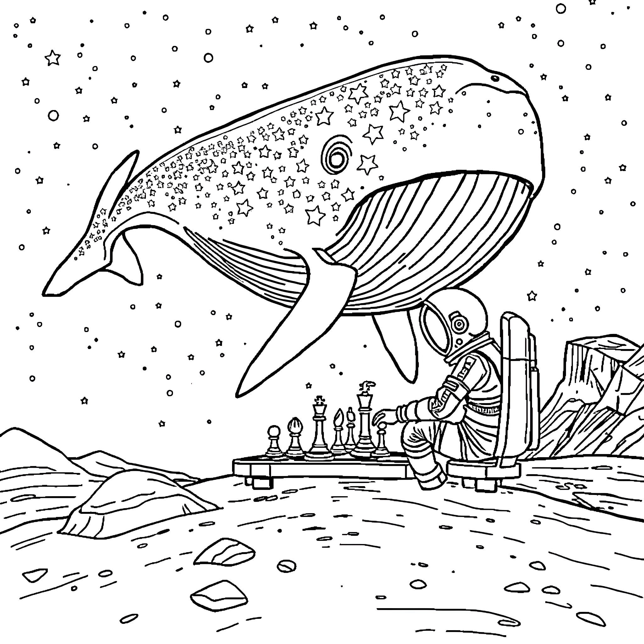 Space Whale playing chess with astronaut in the cosmos Coloring Page (free black-and-white line drawing printable PDF for all, from beginners to advanced learners, including children, teens, adults, and seniors)