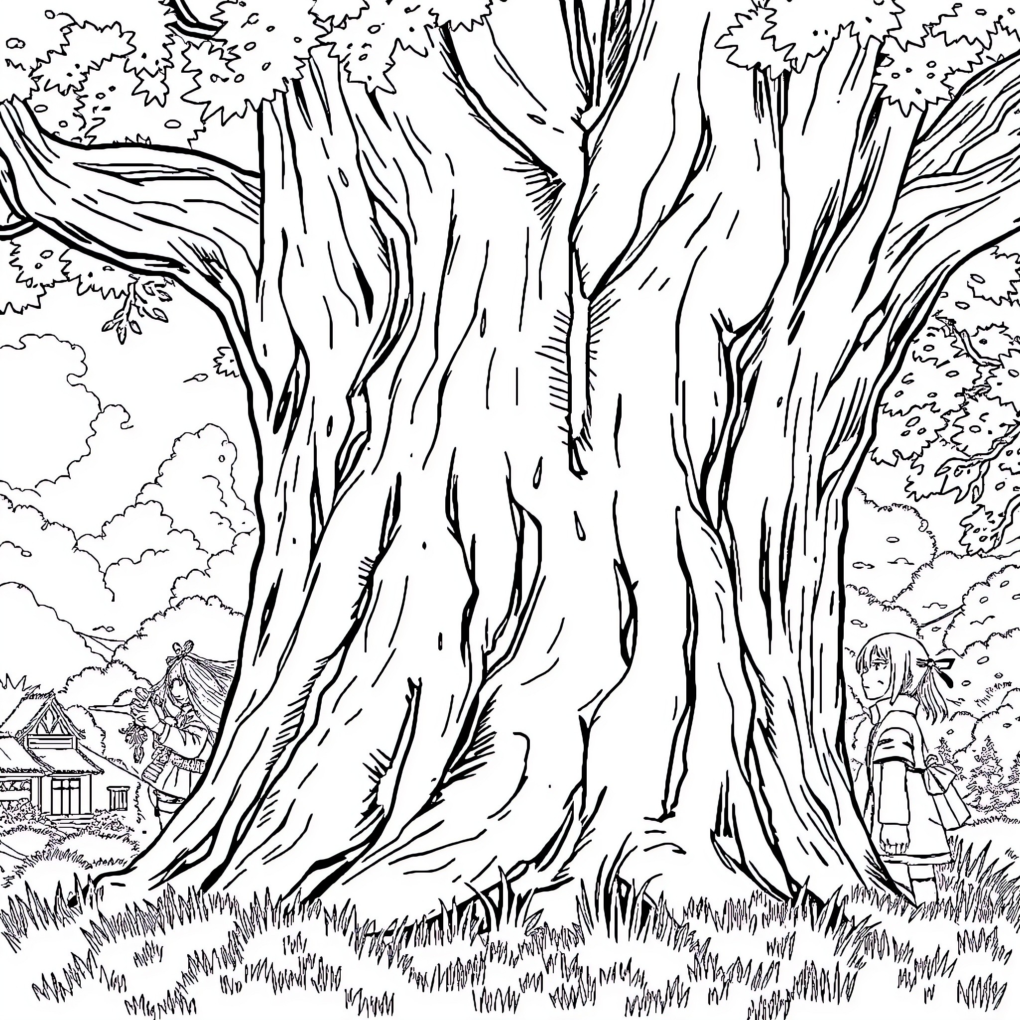 Naruto characters exploring a mystical forest landscape Coloring Page (free black-and-white line drawing printable PDF for all, from beginners to advanced learners, including children, teens, adults, and seniors)