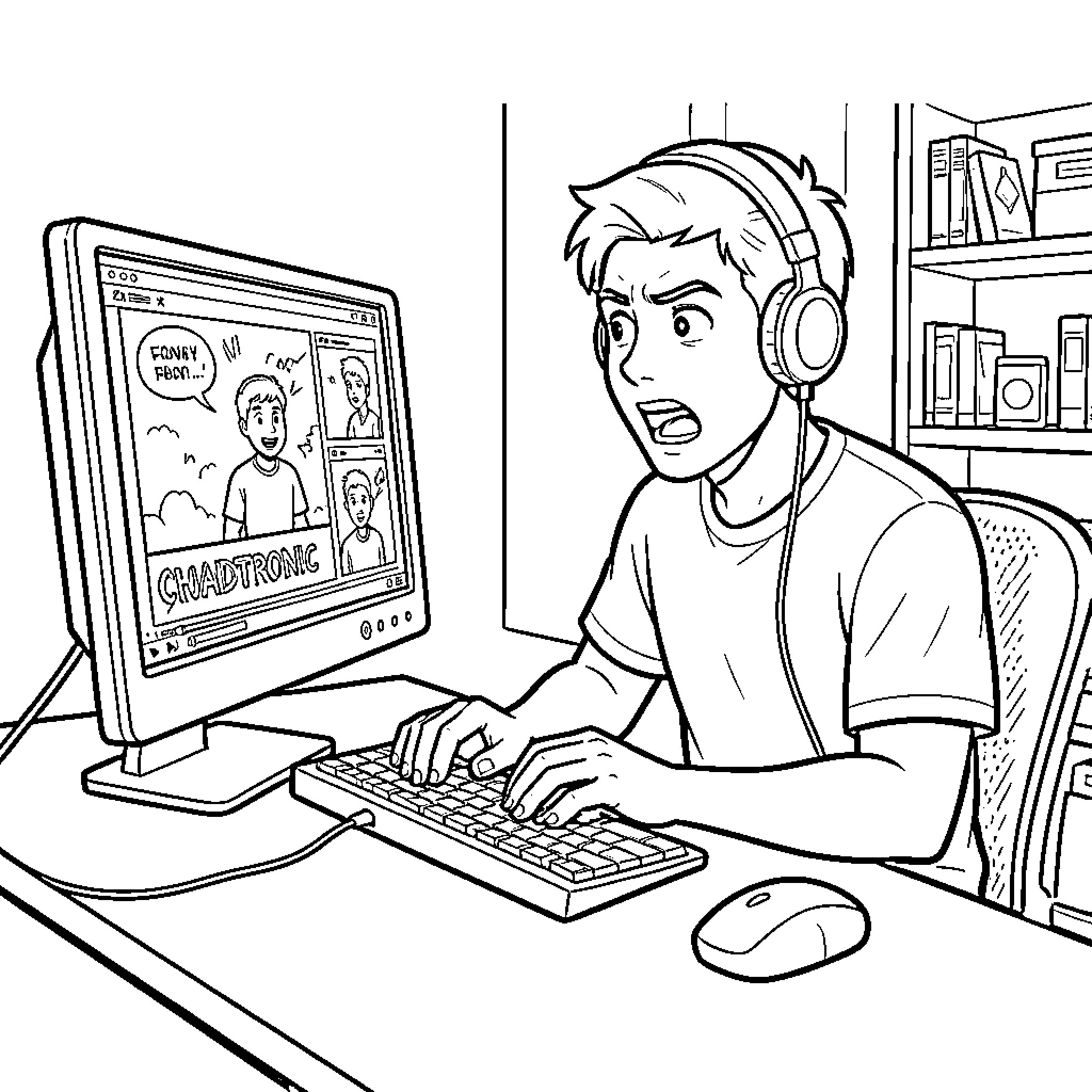 Chadtronic reacting intensely to a computer screen Coloring Page (free black-and-white line drawing printable PDF for all, from beginners to advanced learners, including children, teens, adults, and seniors)