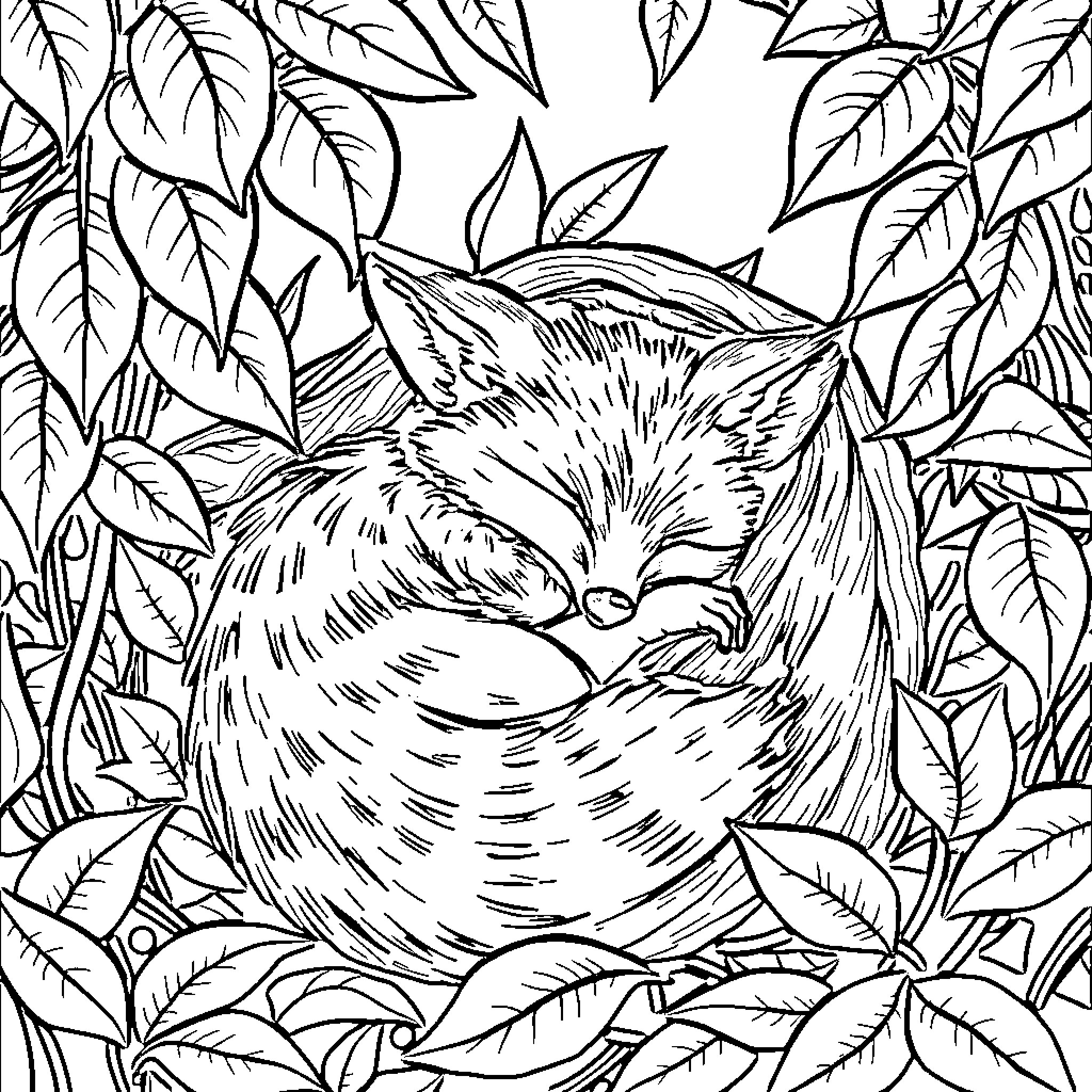 Fox curled up sleeping in the foliage Coloring Page (free black-and-white line drawing printable PDF for all, from beginners to advanced learners, including children, teens, adults, and seniors)