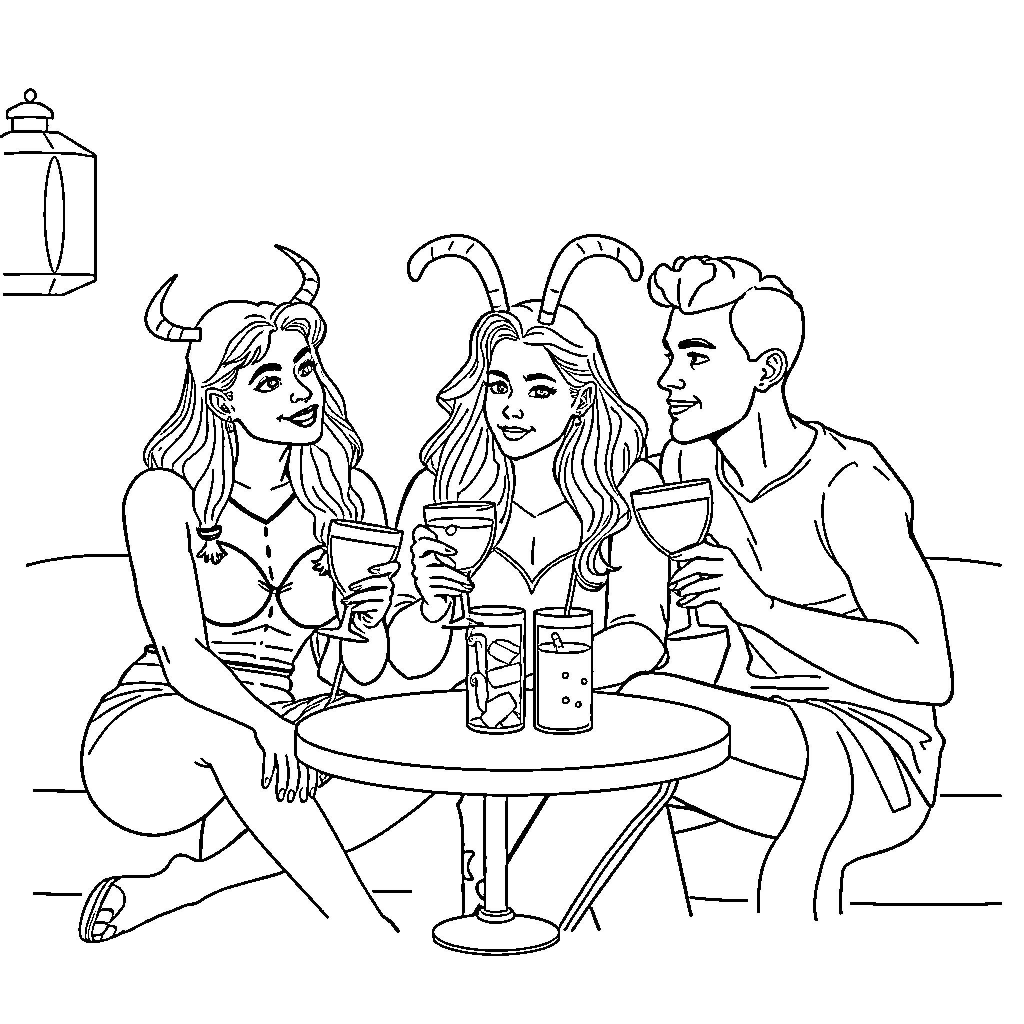 Scorpio friends enjoying drinks and conversation Coloring Page (free black-and-white line drawing printable PDF for all, from beginners to advanced learners, including children, teens, adults, and seniors)